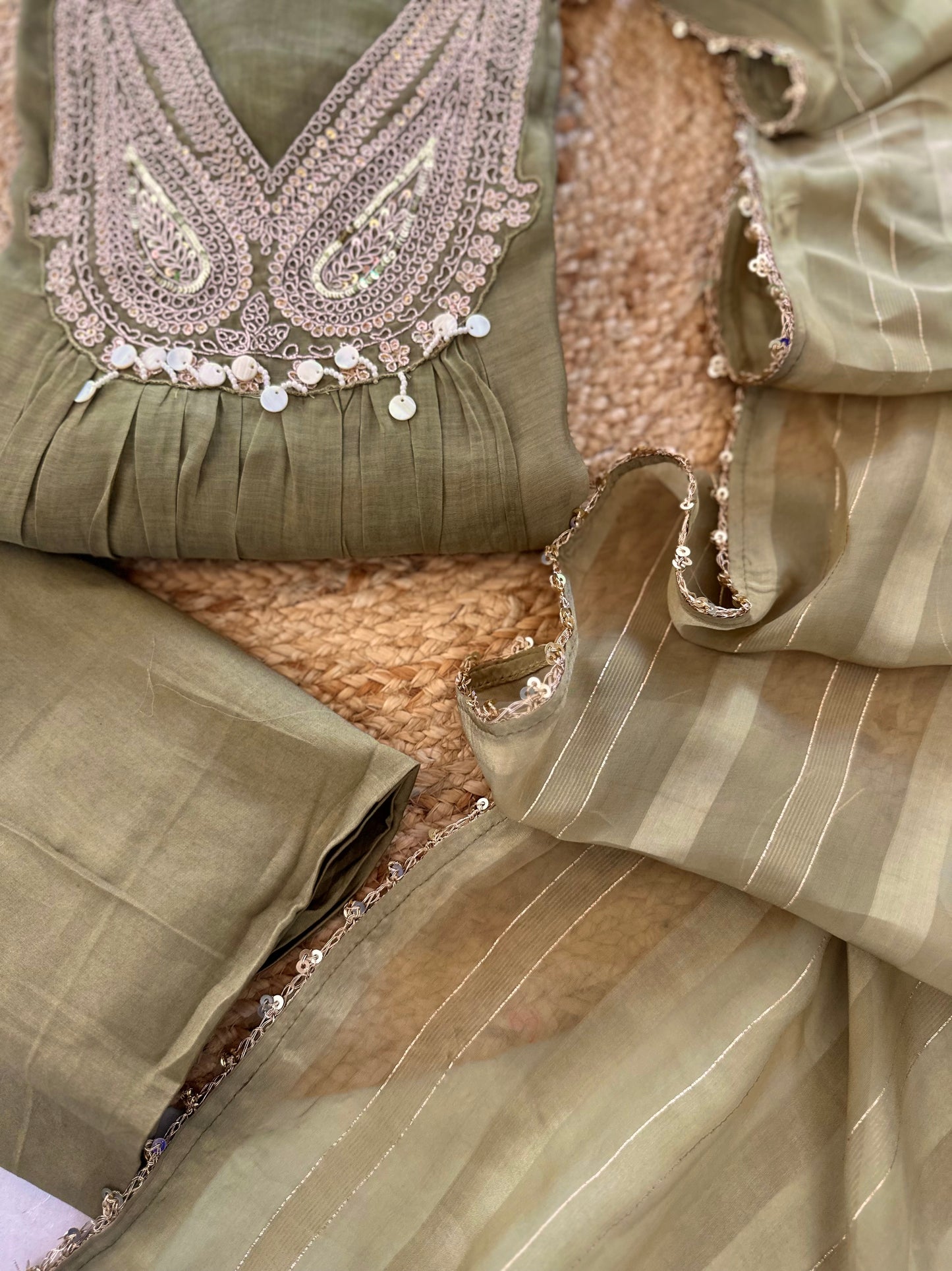 K093 - Mul Chanderi handwork Aline Kurti with pants and dupatta