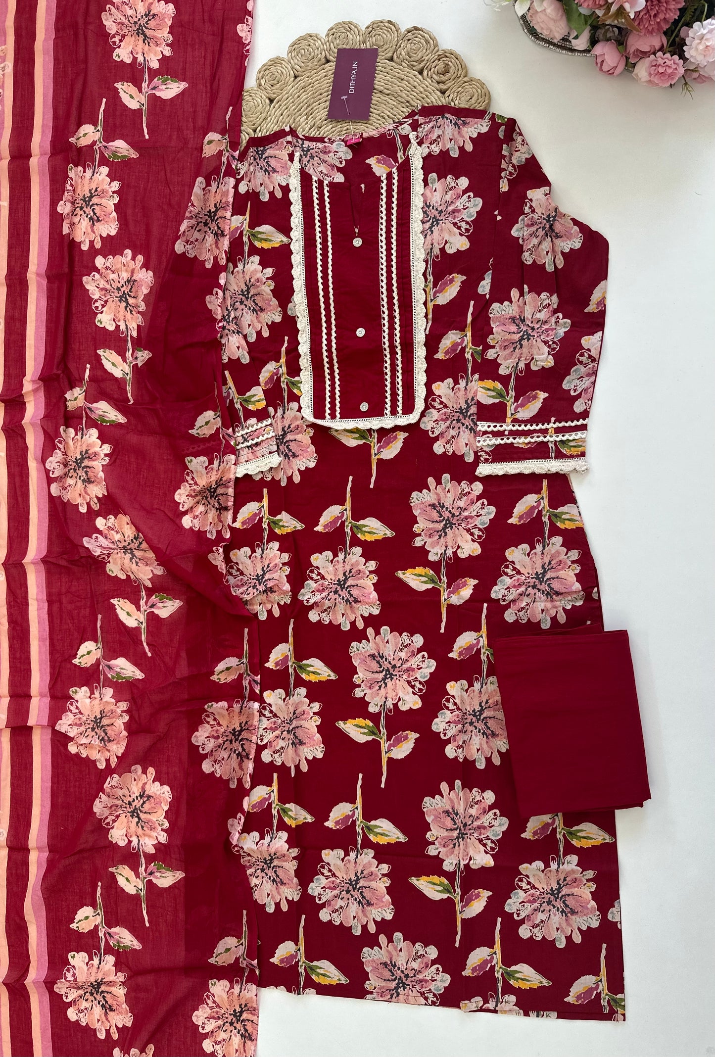 K037 - Cotton floral straight kurti with pants and dupatta.