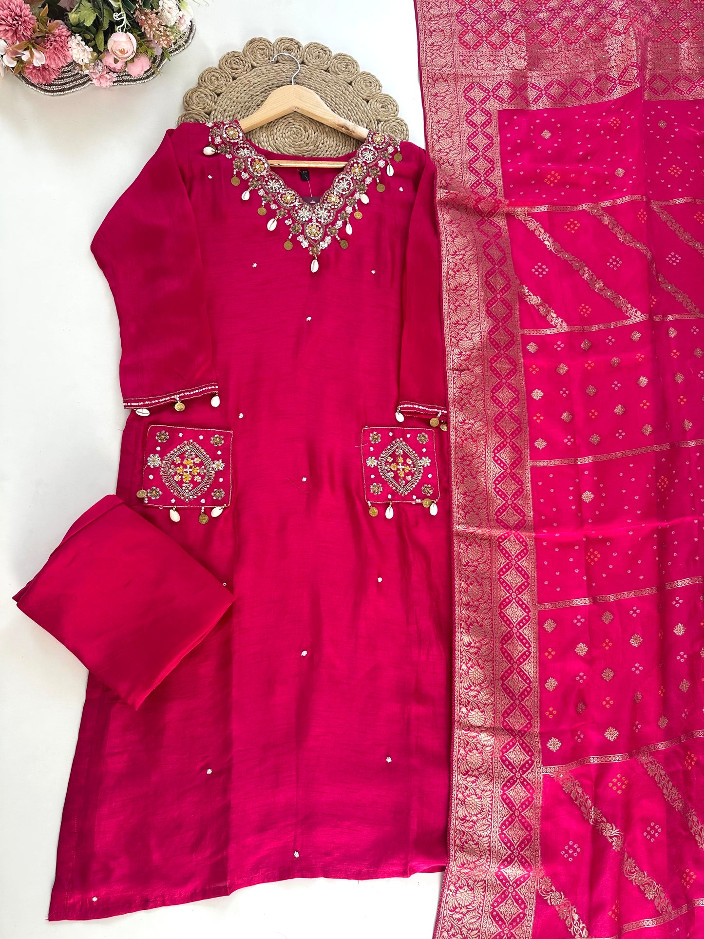 K241 - Russian silk handwork Straight kurti with pants and Banarasi silk dupatta .