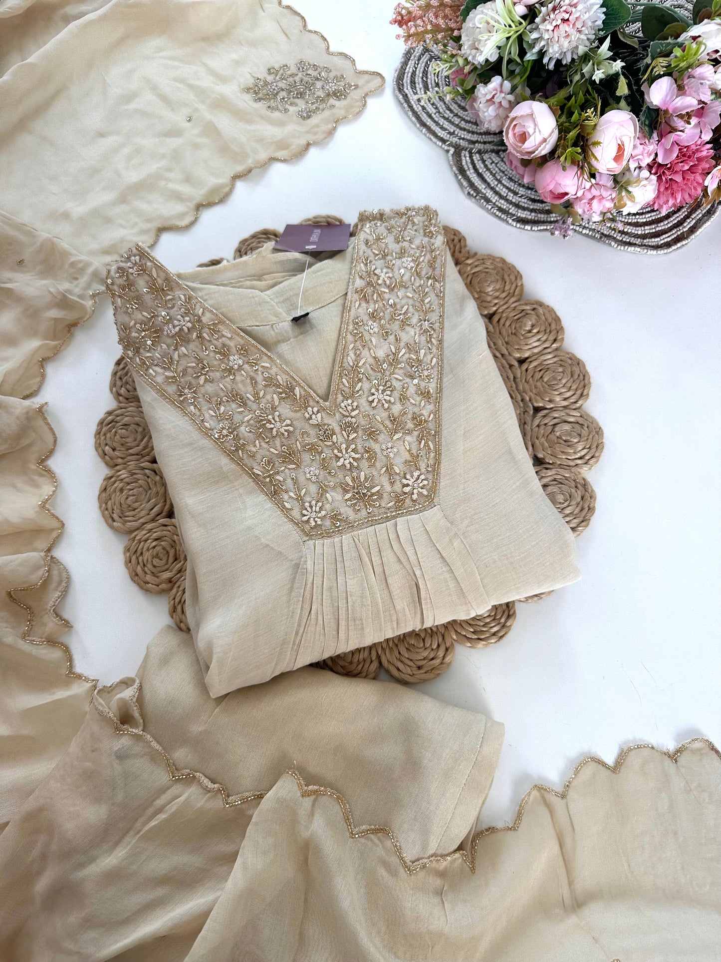 K191 - Mul Chanderi handwork Aline Kurti with pants and dupatta in 3 colours