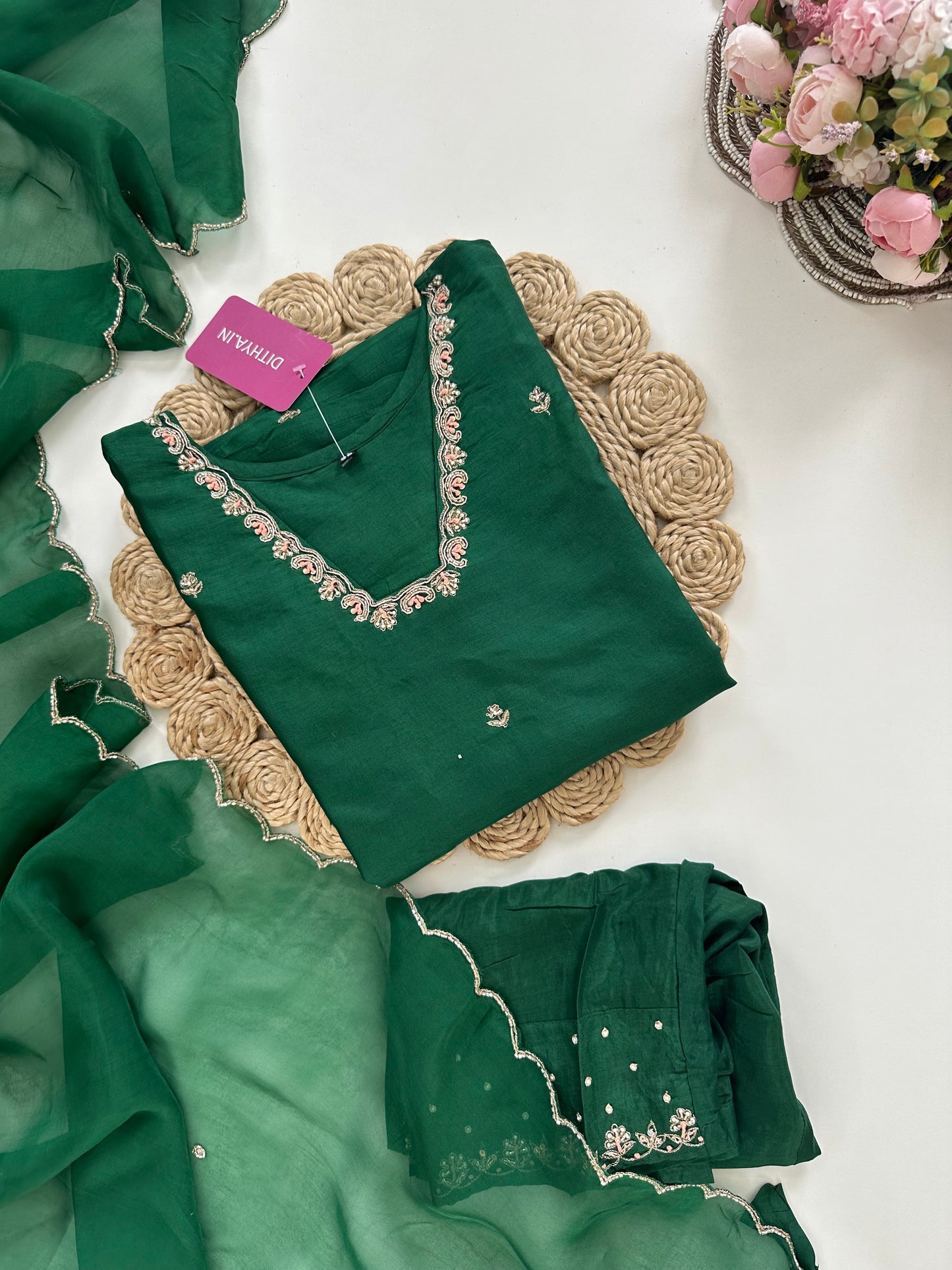 K010 - Dola silk handwork straight Kurti with pants and dupatta in 2 colours