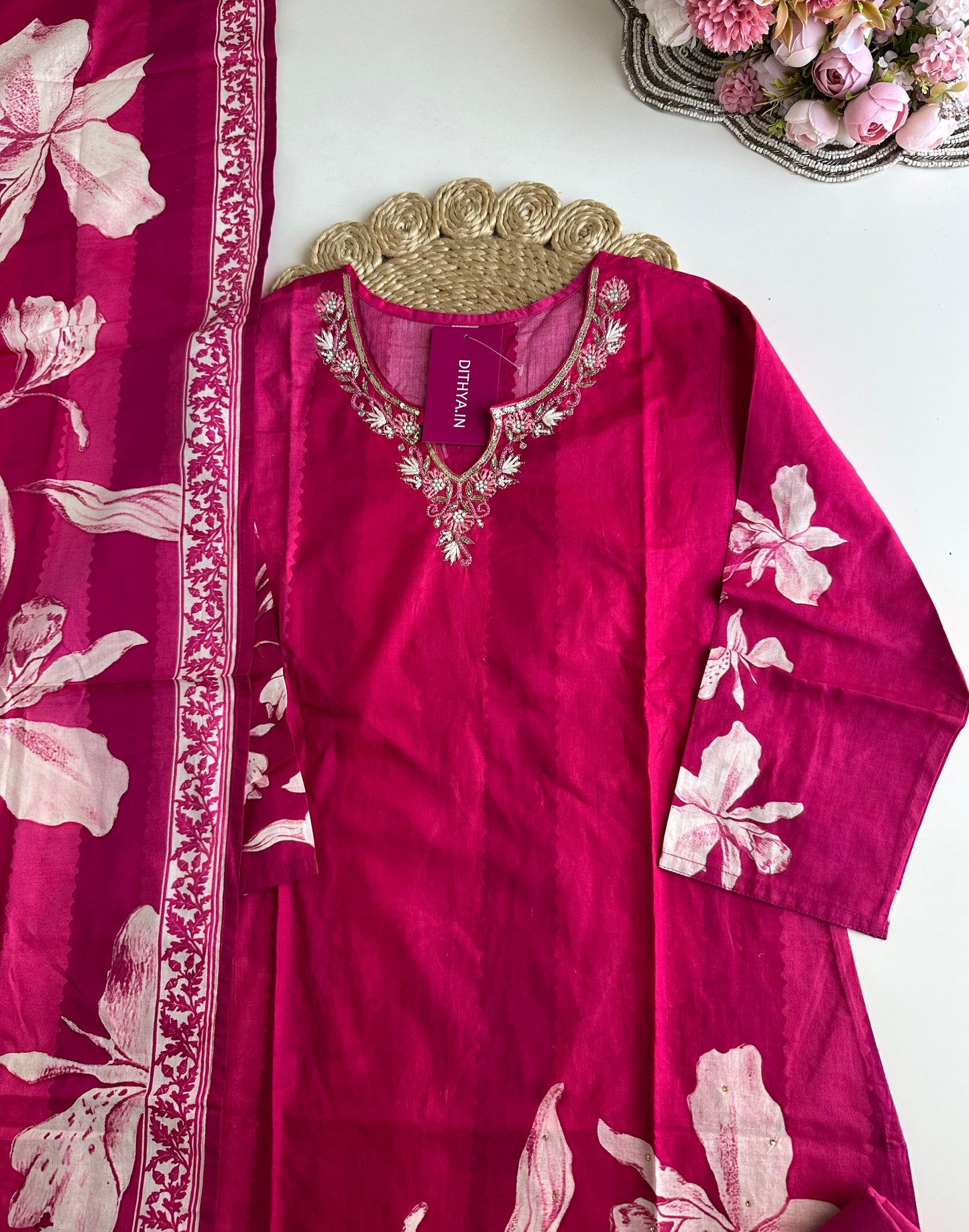 K177 - Cotton floral straight Kurti with pants and dupatta
