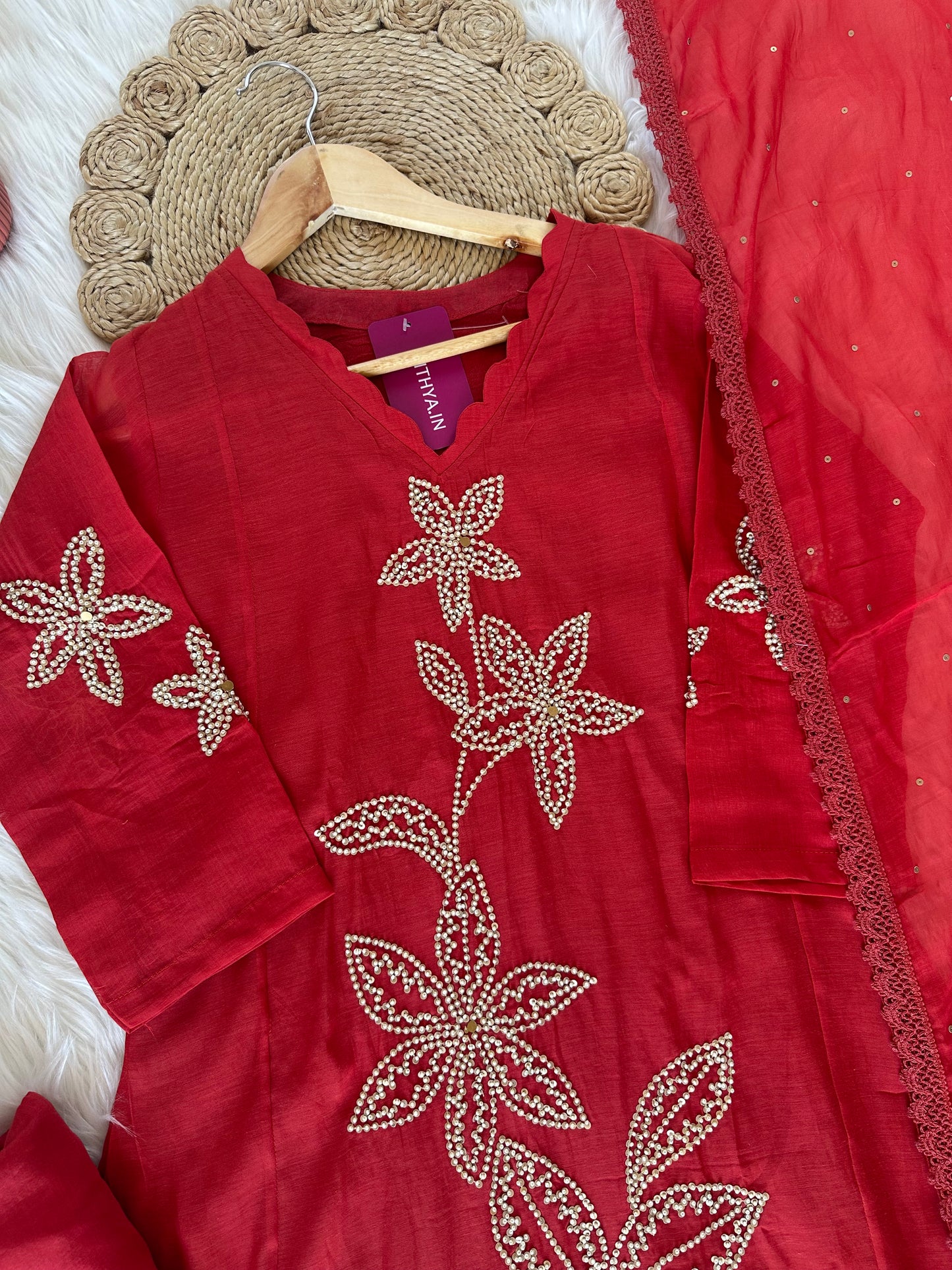 K382 - Mul Chanderi handwork Aline Kurti with pants and dupatta