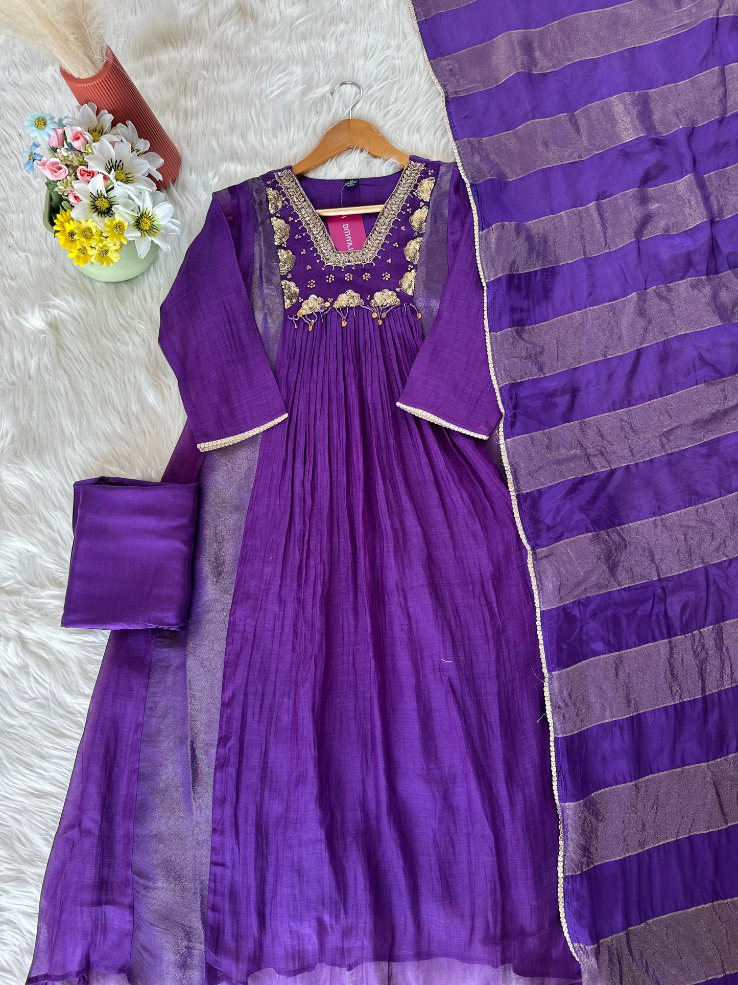 K405 - Mul Chanderi handwork Aline Kurti with pants and dupatta