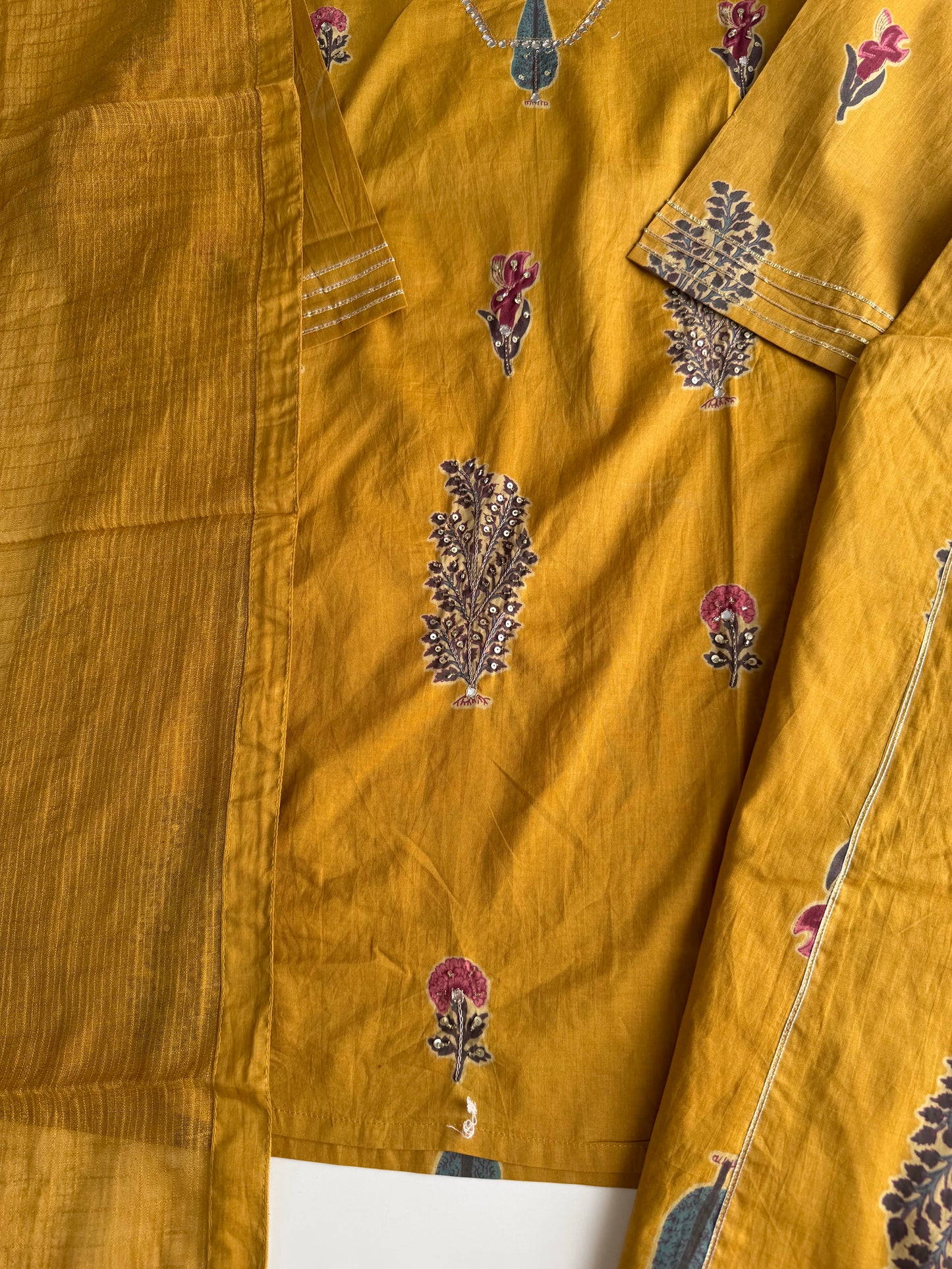 K697 - Mul cotton embroidered short Kurti with divider pants and dupatta