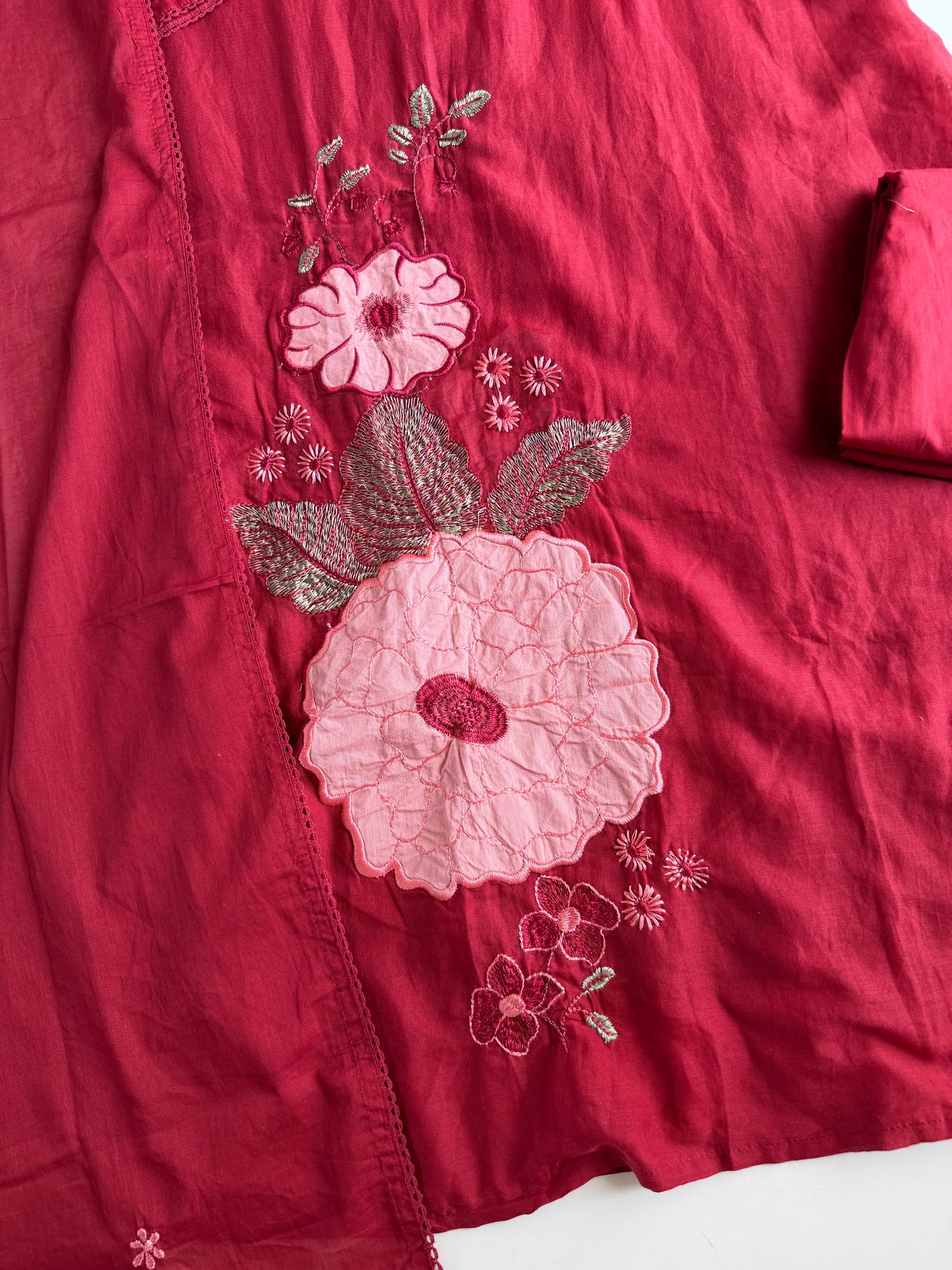 K247 - Mul cotton appliqué embroidered Aline Kurti with pants and dupatta