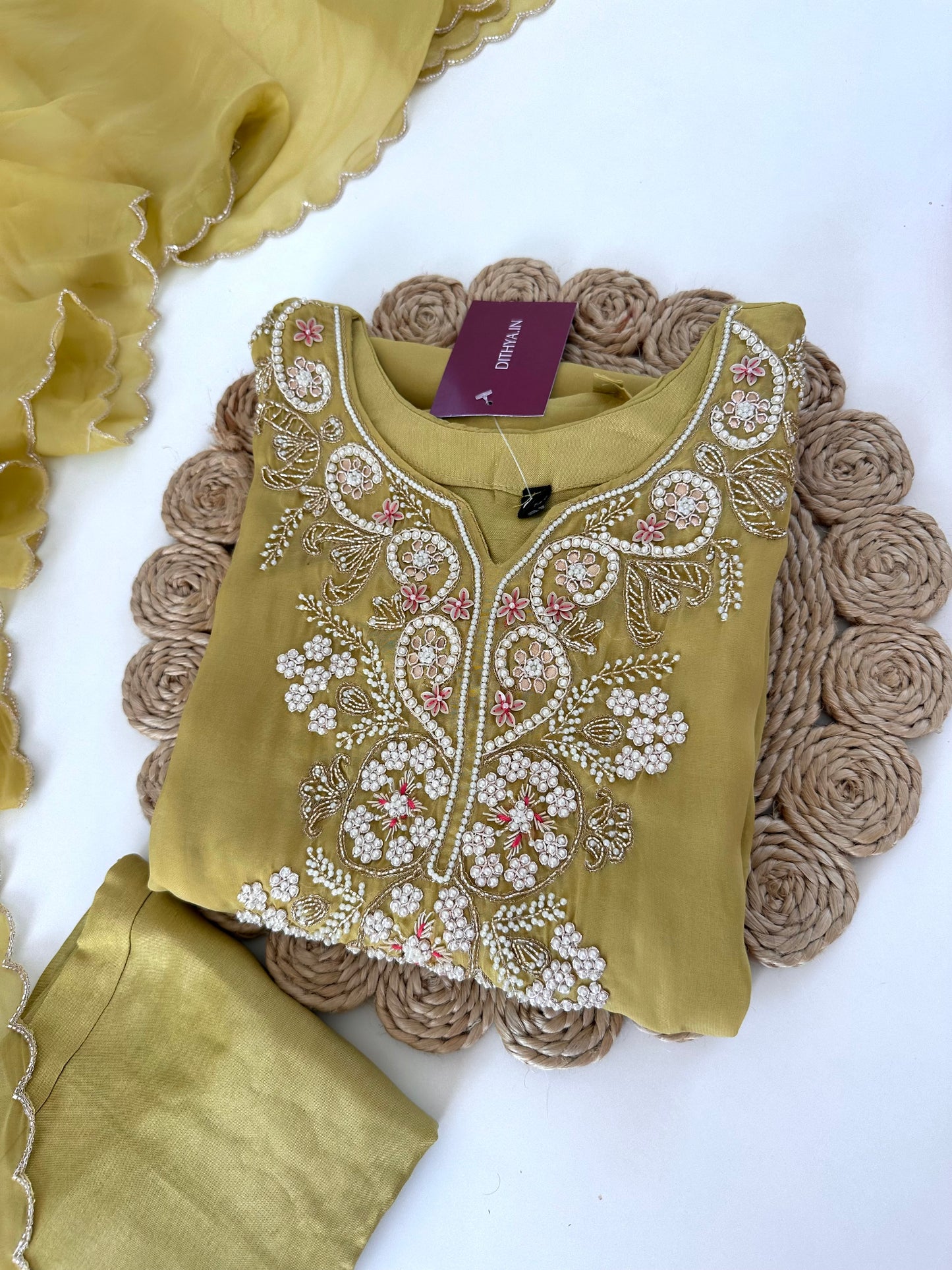 K137 - Viscose organza Handwork straight kurti with pants and dupatta.