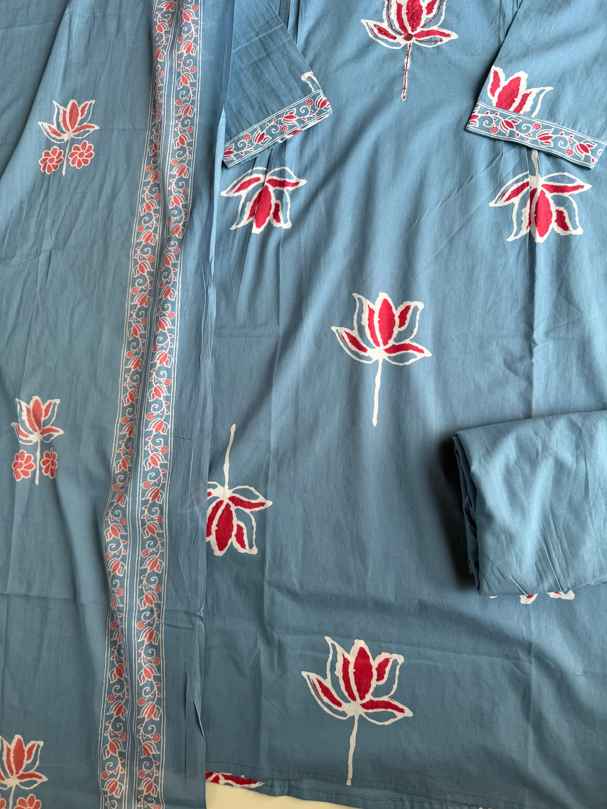 K164 - Mul cotton embroidered Aline Kurti with pants and dupatta in 3 colours