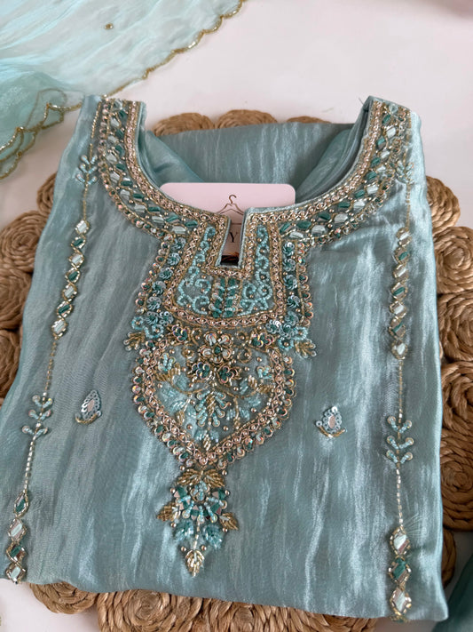 K332 - Glass tissue silk handwork short Kurti with pants and dupatta