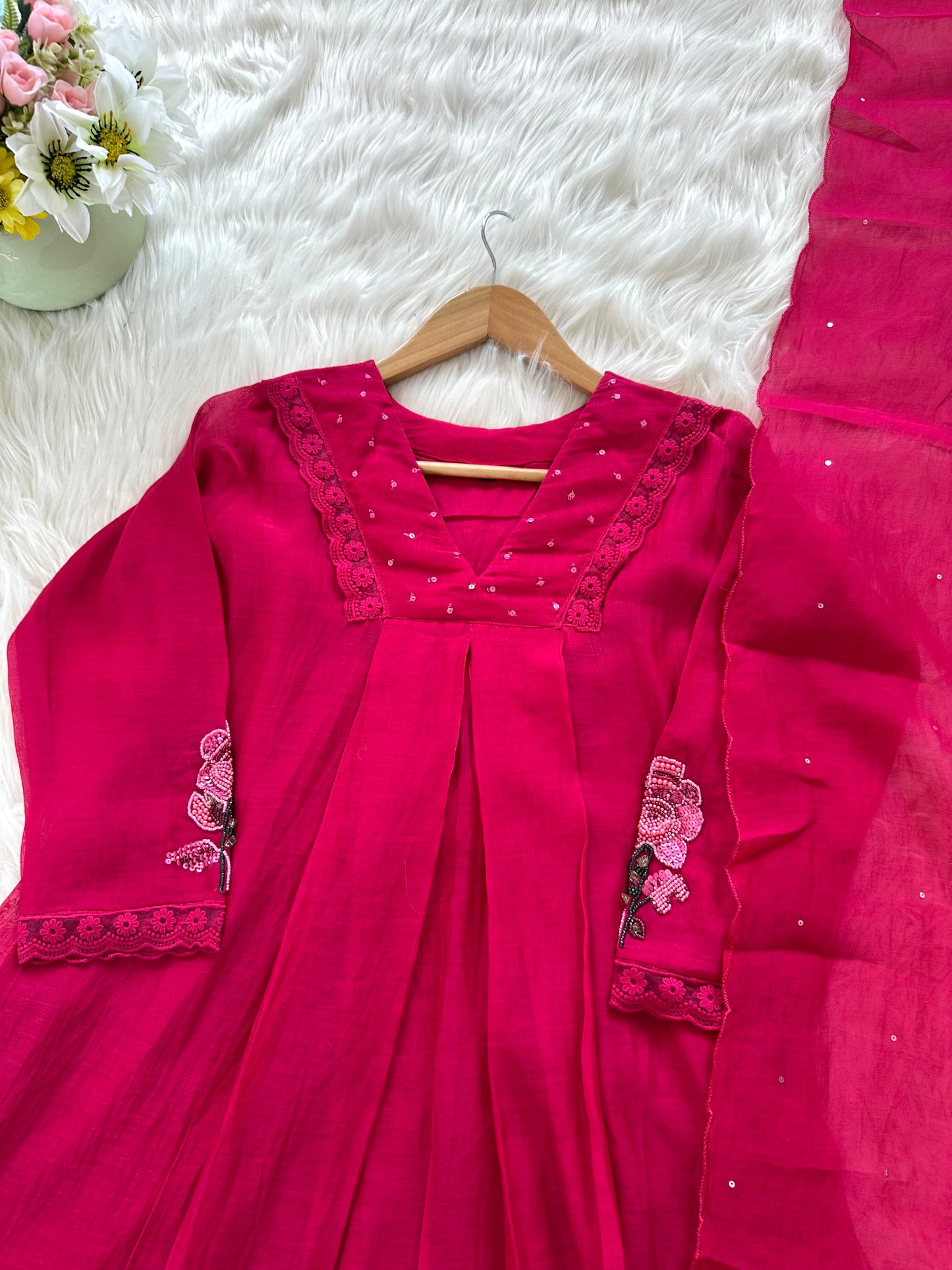 K065 - Mul Chanderi handwork Aline Kurti with pants and dupatta in 3 colours