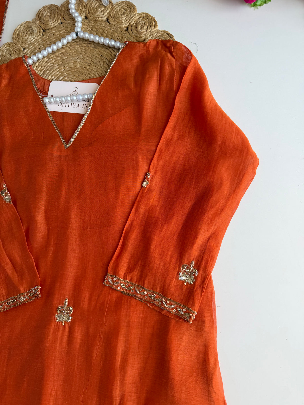 K260 - Mul chanderi handwork Aline Kurti with pants and dupatta
