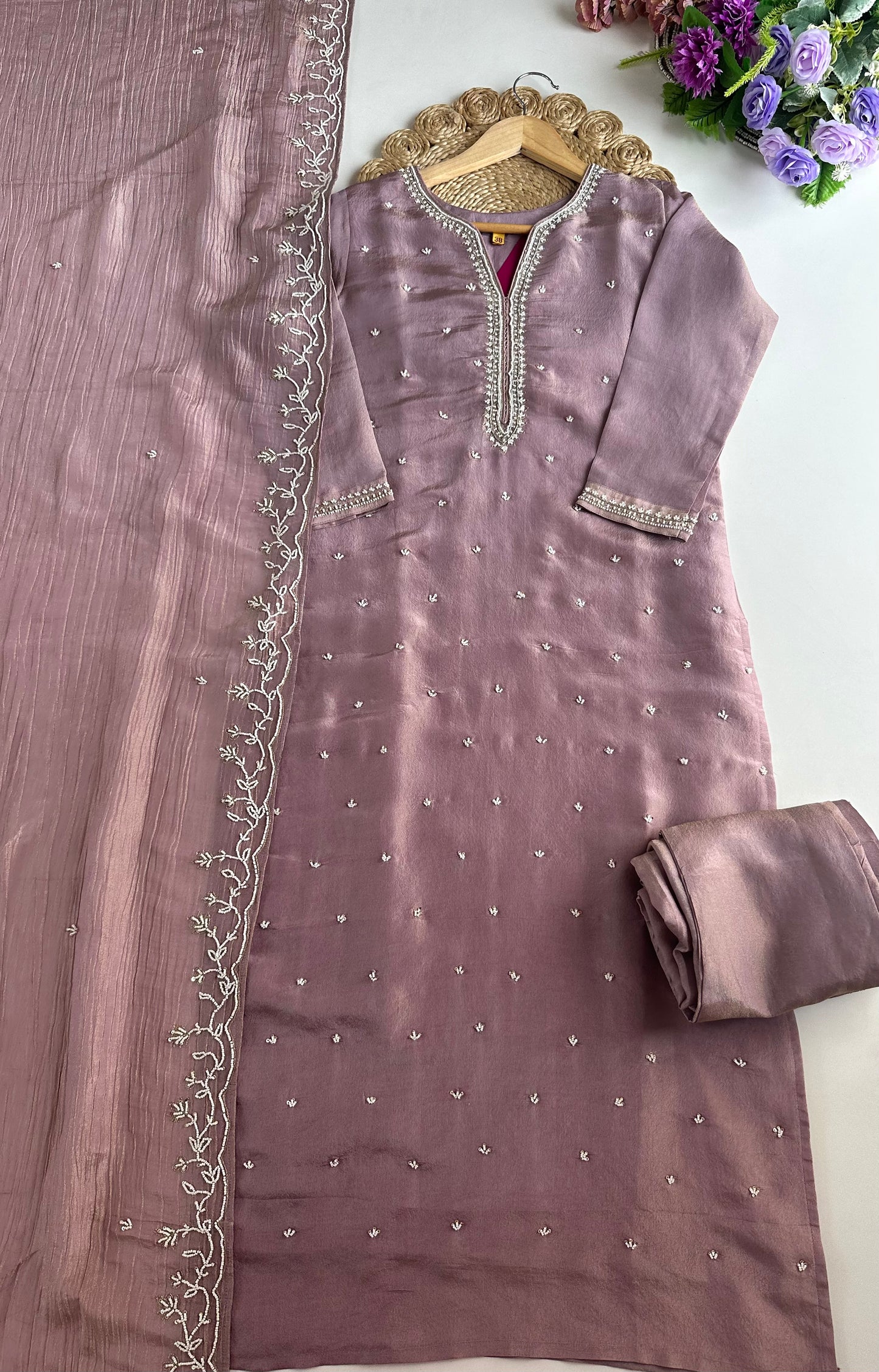 K020 - Tissue silk pearl work straight Kurti with pants and dupatta