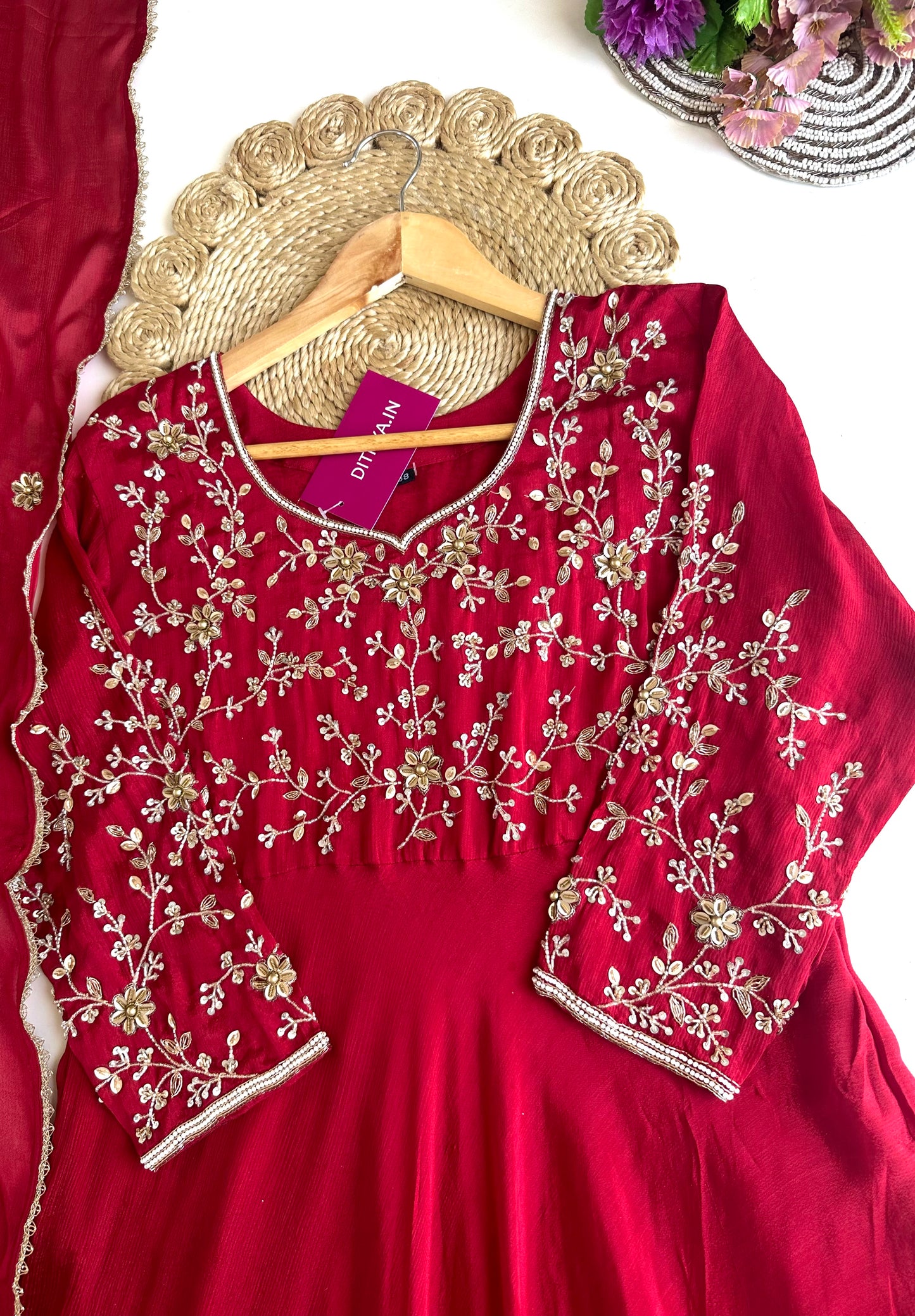K158 - Pure Chinnon heavy handwork Anarkali with pants and dupatta