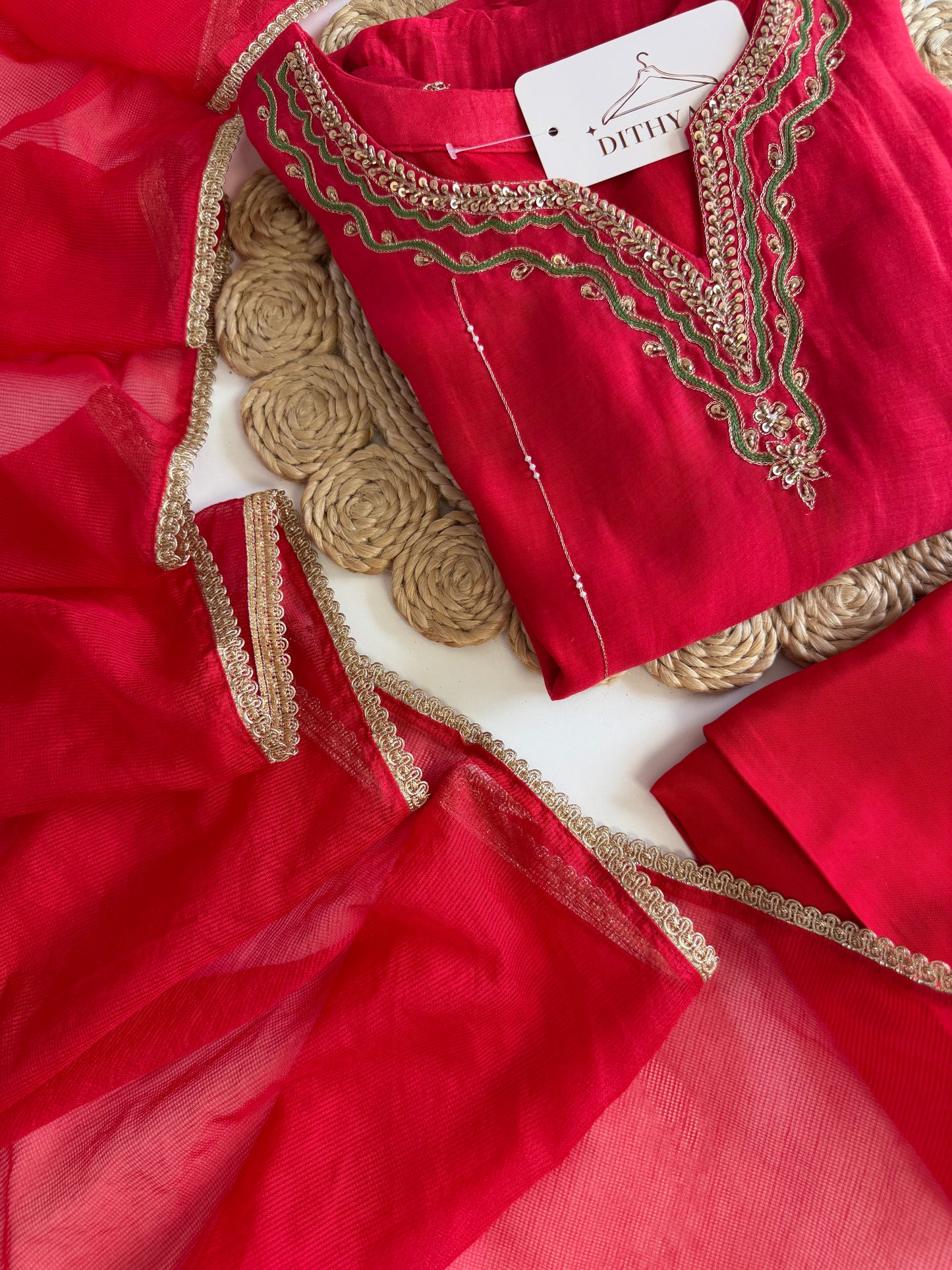 K532 - Mul chanderi Handwork aline Kurti with pants and dupatta
