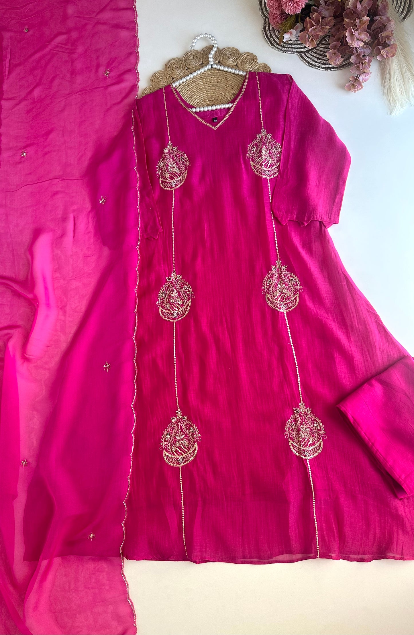 K460 - Mul Chanderi zardosi work Aline Kurti with pants and dupatta