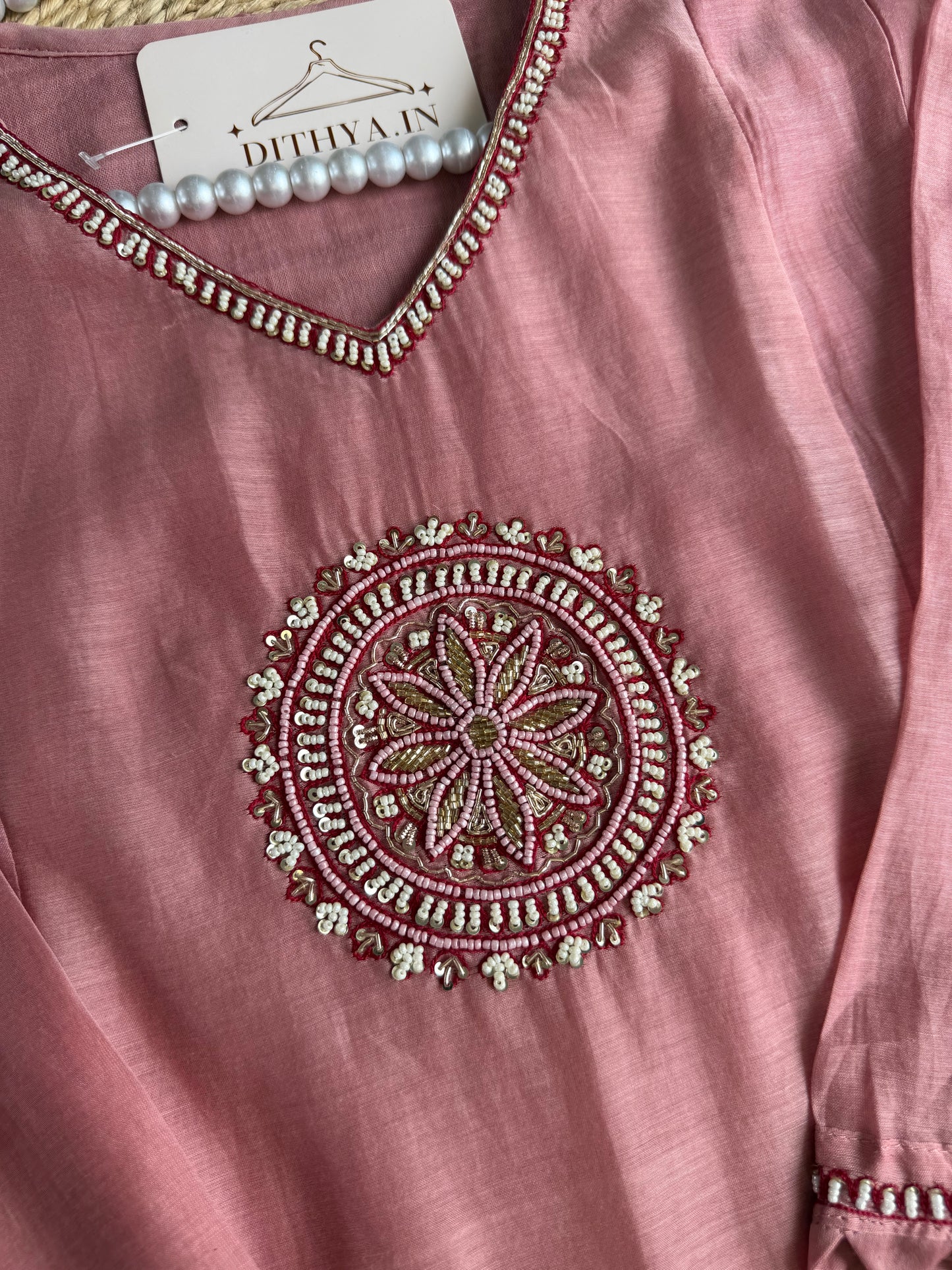 K560 - Mul chanderi Handwork Aline Kurti with pants and dupatta