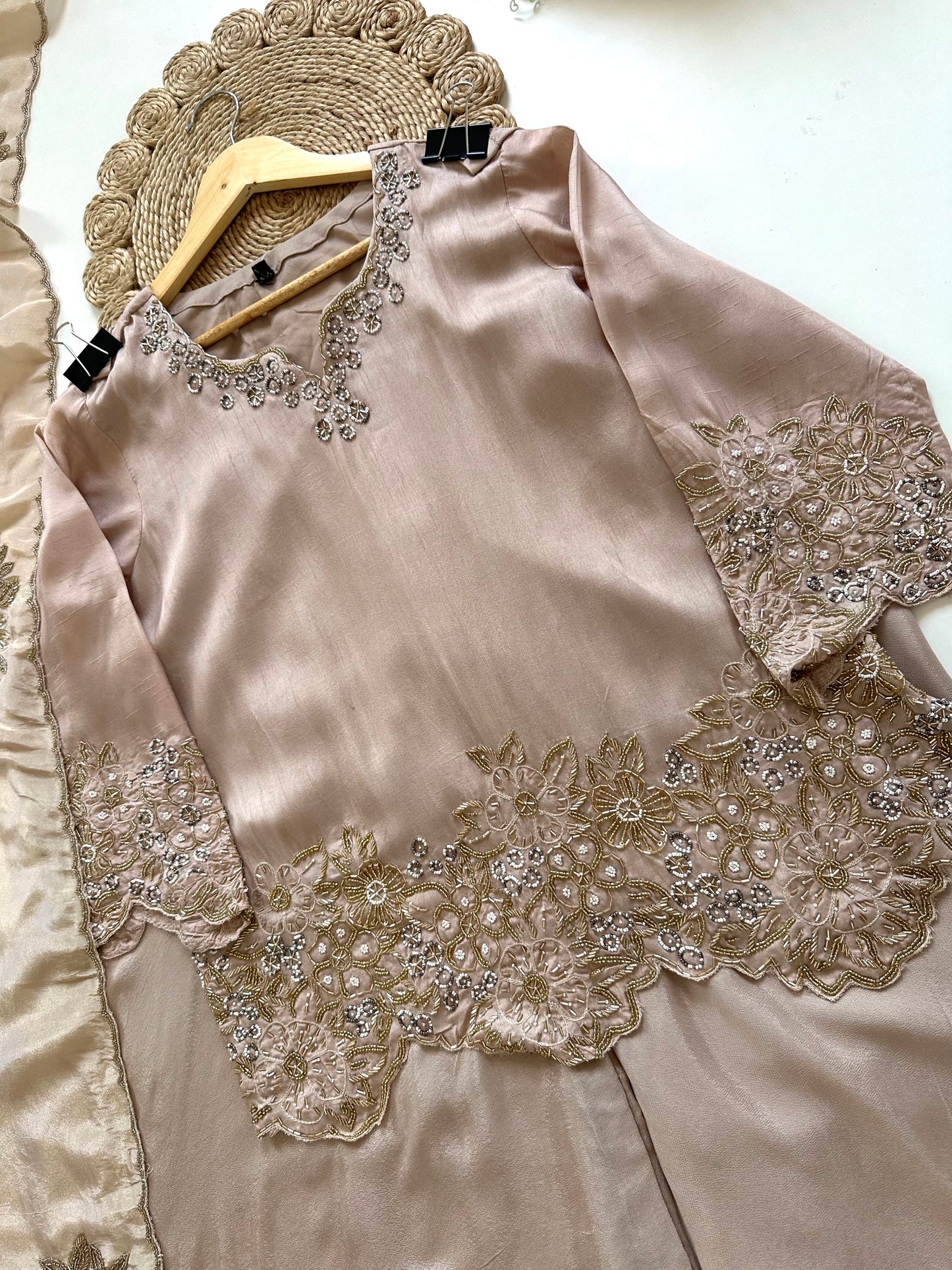 K207 - Russian silk handwork Kurti with palazzo and dupatta in 2 colours.
