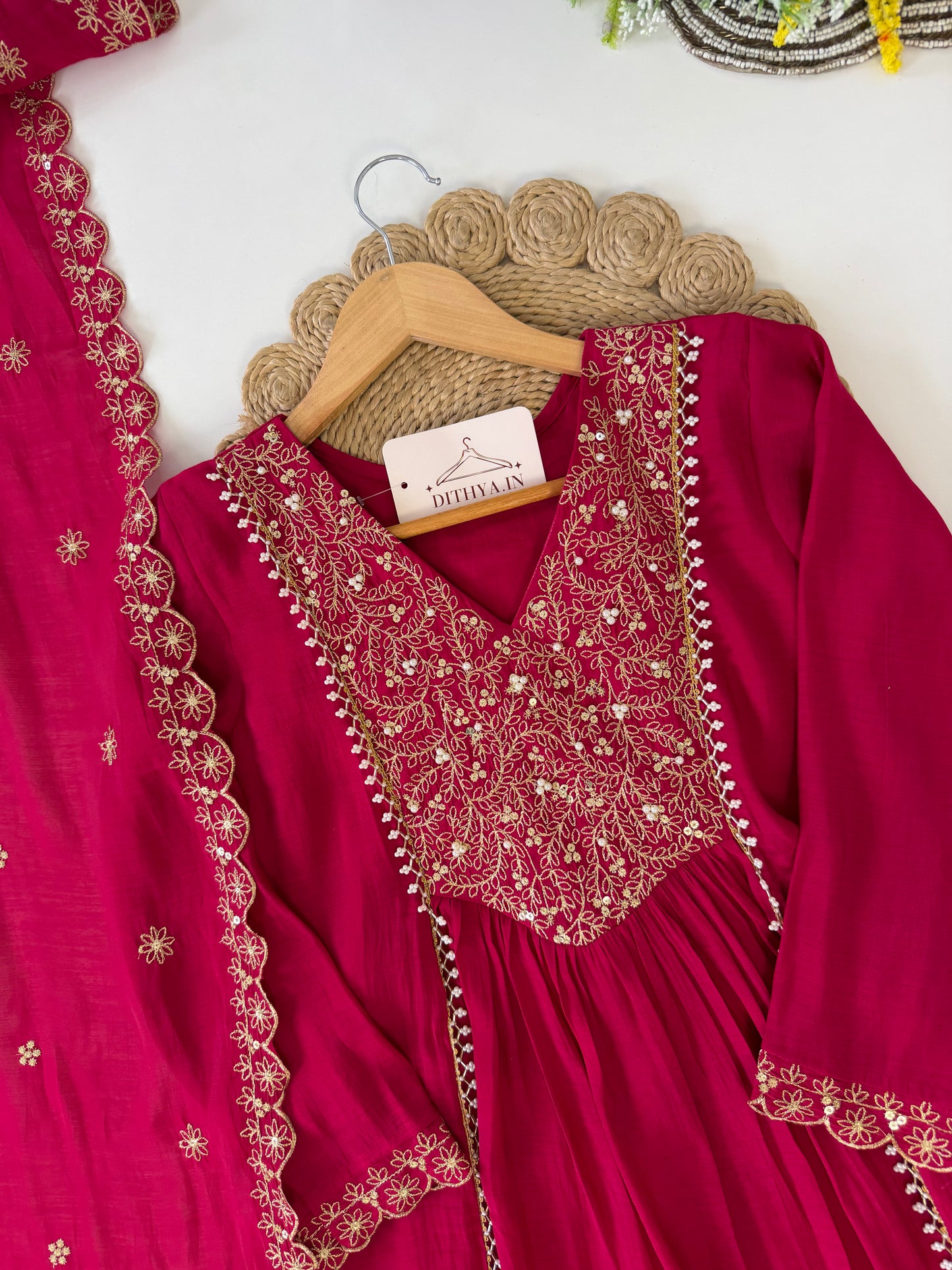 K535 - Mul chanderi handwork Aline Kurti with pants and dupatta