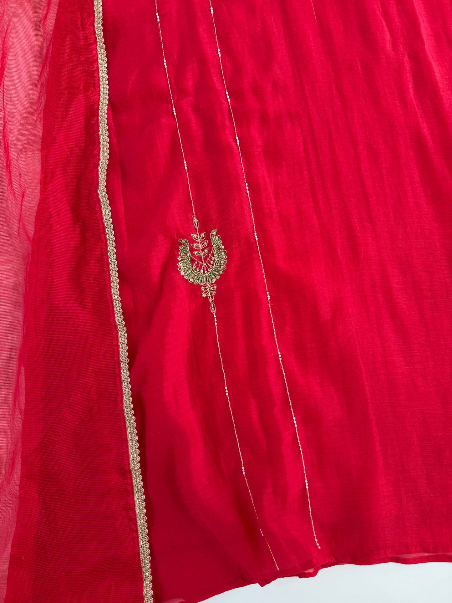K532 - Mul chanderi Handwork aline Kurti with pants and dupatta