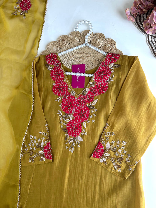 K167 - Pure mul Chanderi handwork Aline Kurti with pants and dupatta