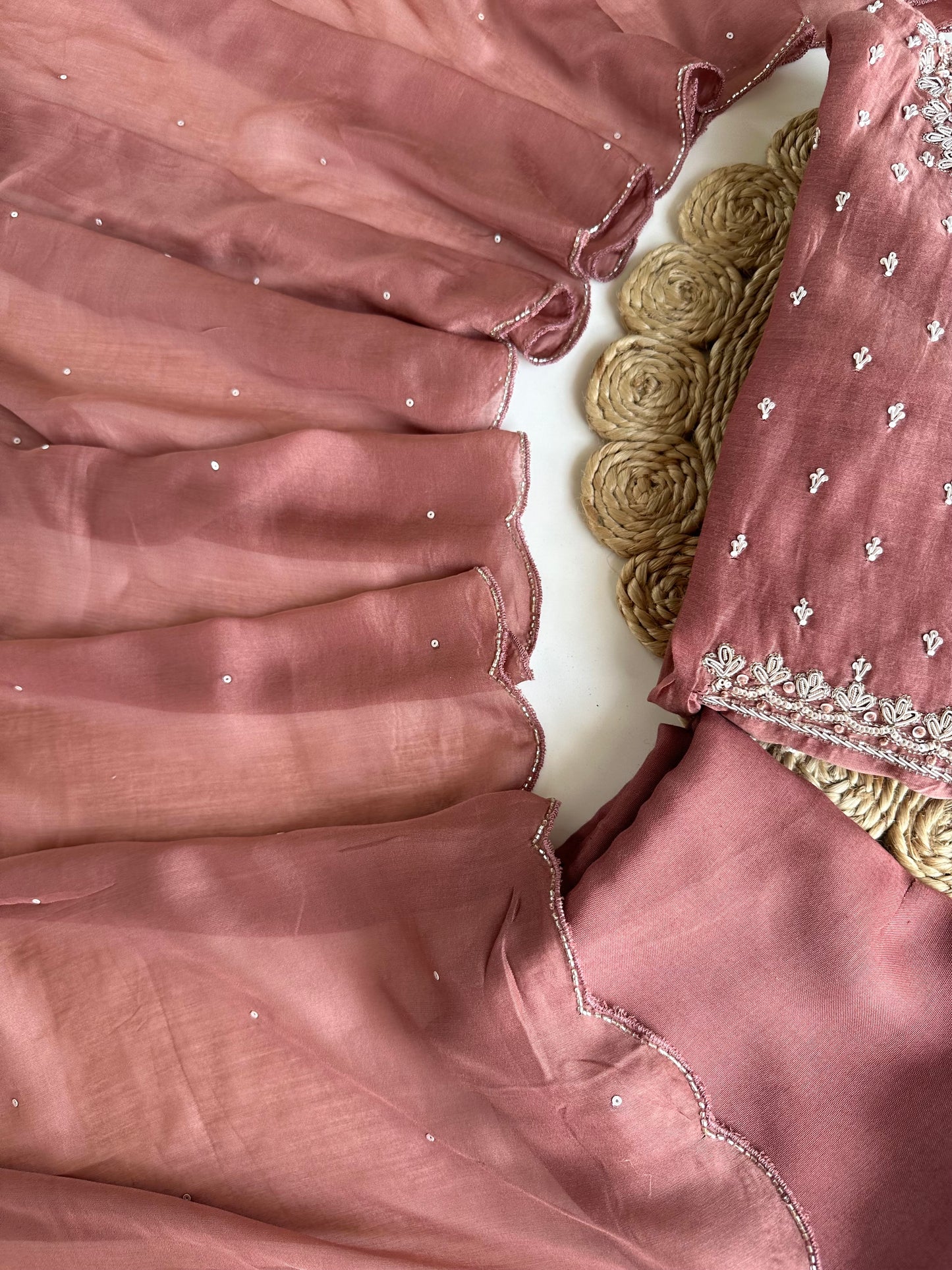 K092 - Mul Chanderi handwork Aline Kurti with pants and dupatta