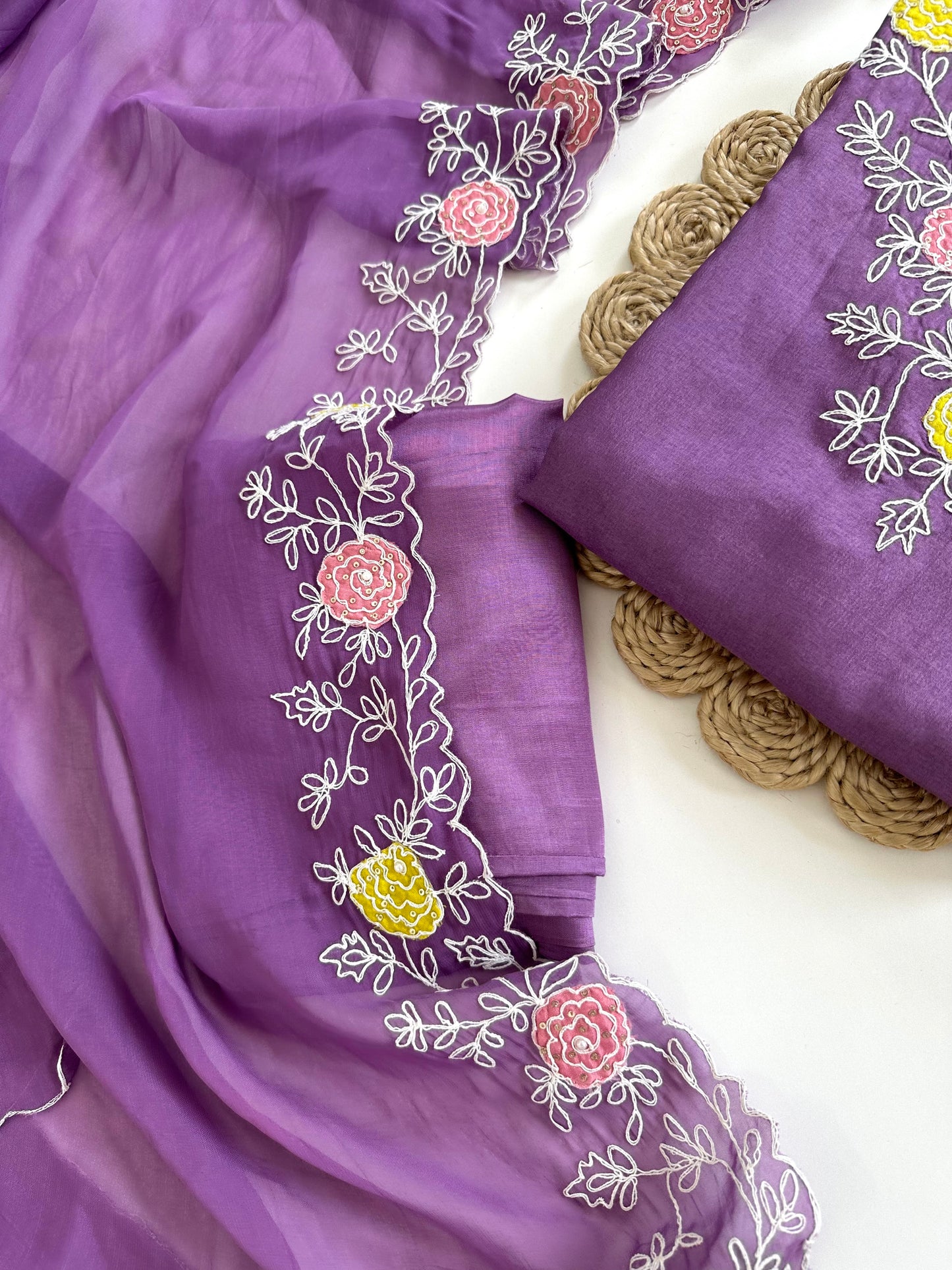 K361 - Russian silk appliqué work straight Kurti with pants and Dupatta in 2 colours