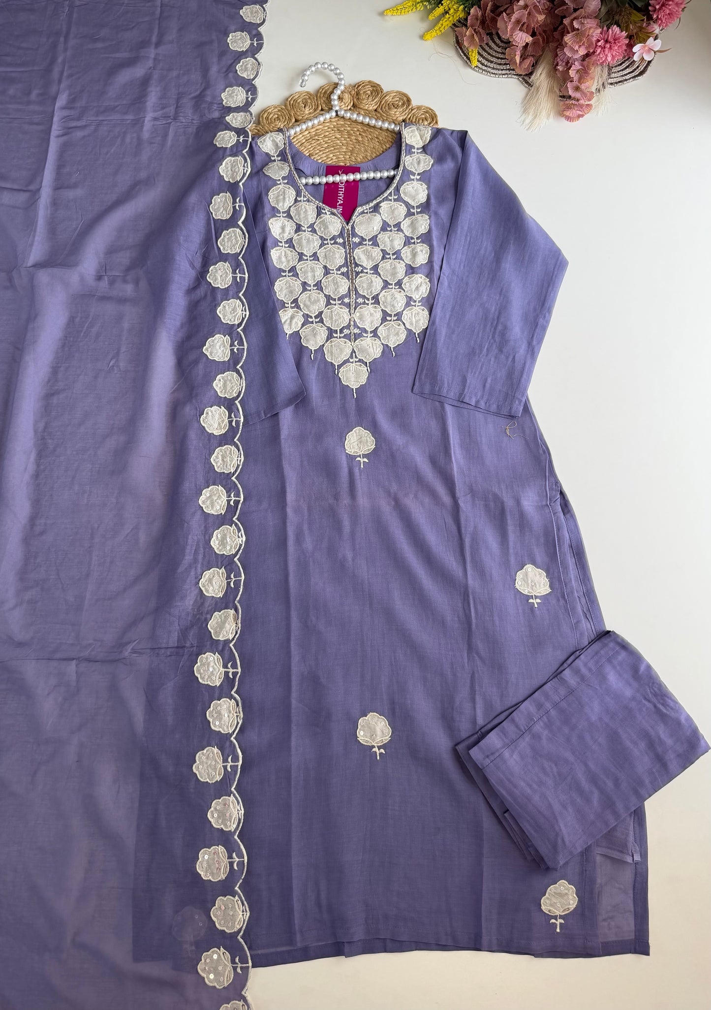 K503 - Mul chanderi embroidered straight Kurti with pants and dupatta