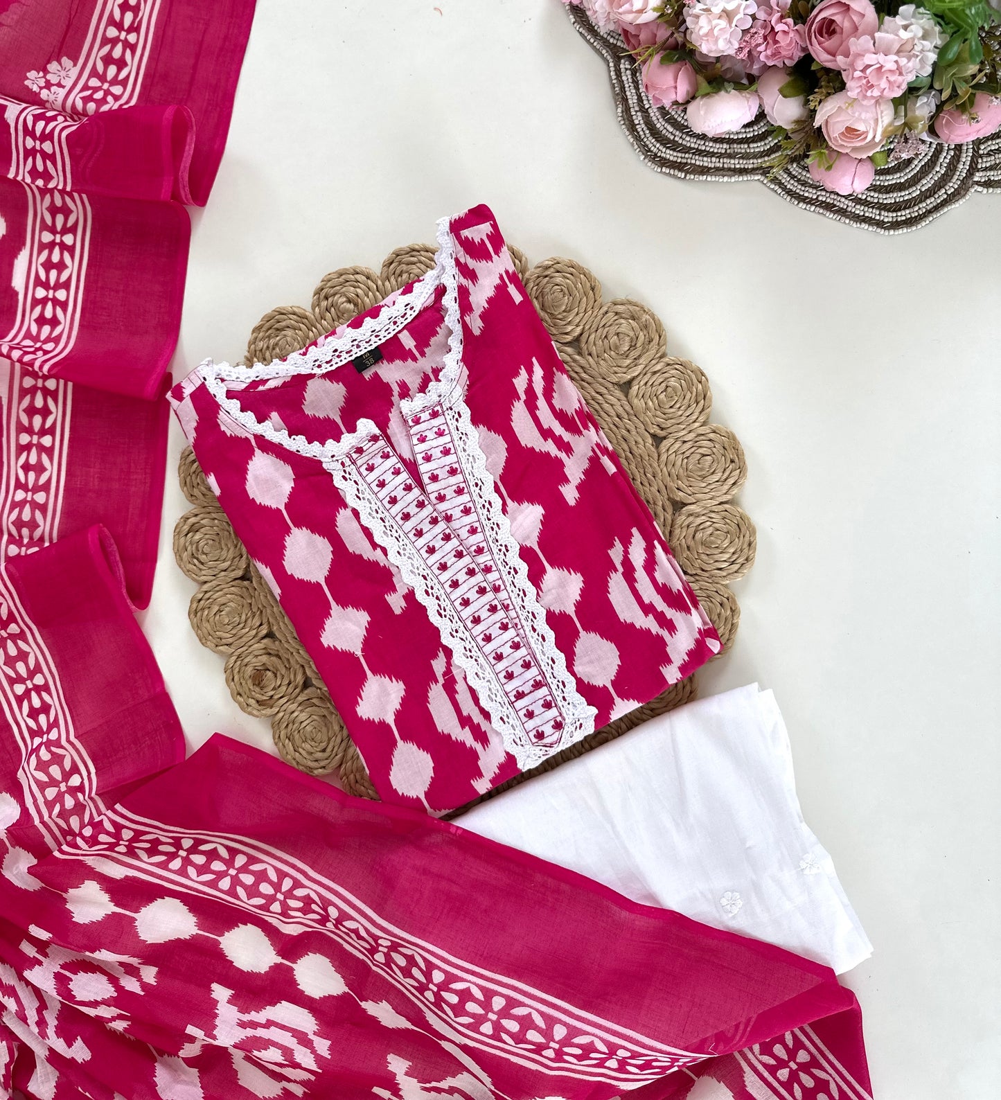 K111 - Cotton embroidered straight Kurti with pants and dupatta