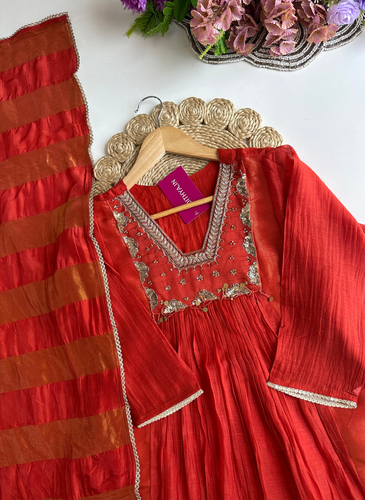 K405 - Mul Chanderi handwork Aline Kurti with pants and dupatta in 2 colours