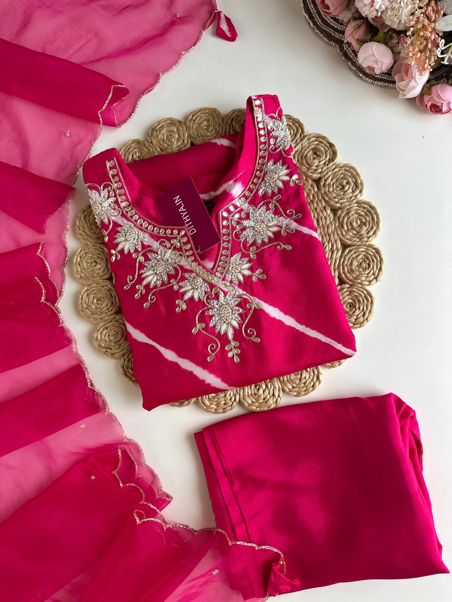 K016 - Russian silk leheriya handwork Straight Kurti with pants and dupatta in 2 styles