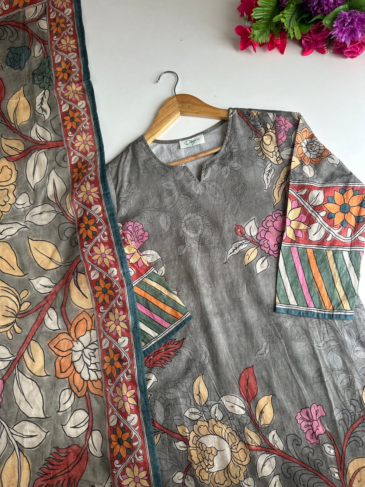 K403 - Mul cotton printed straight Kurti with pants and dupatta