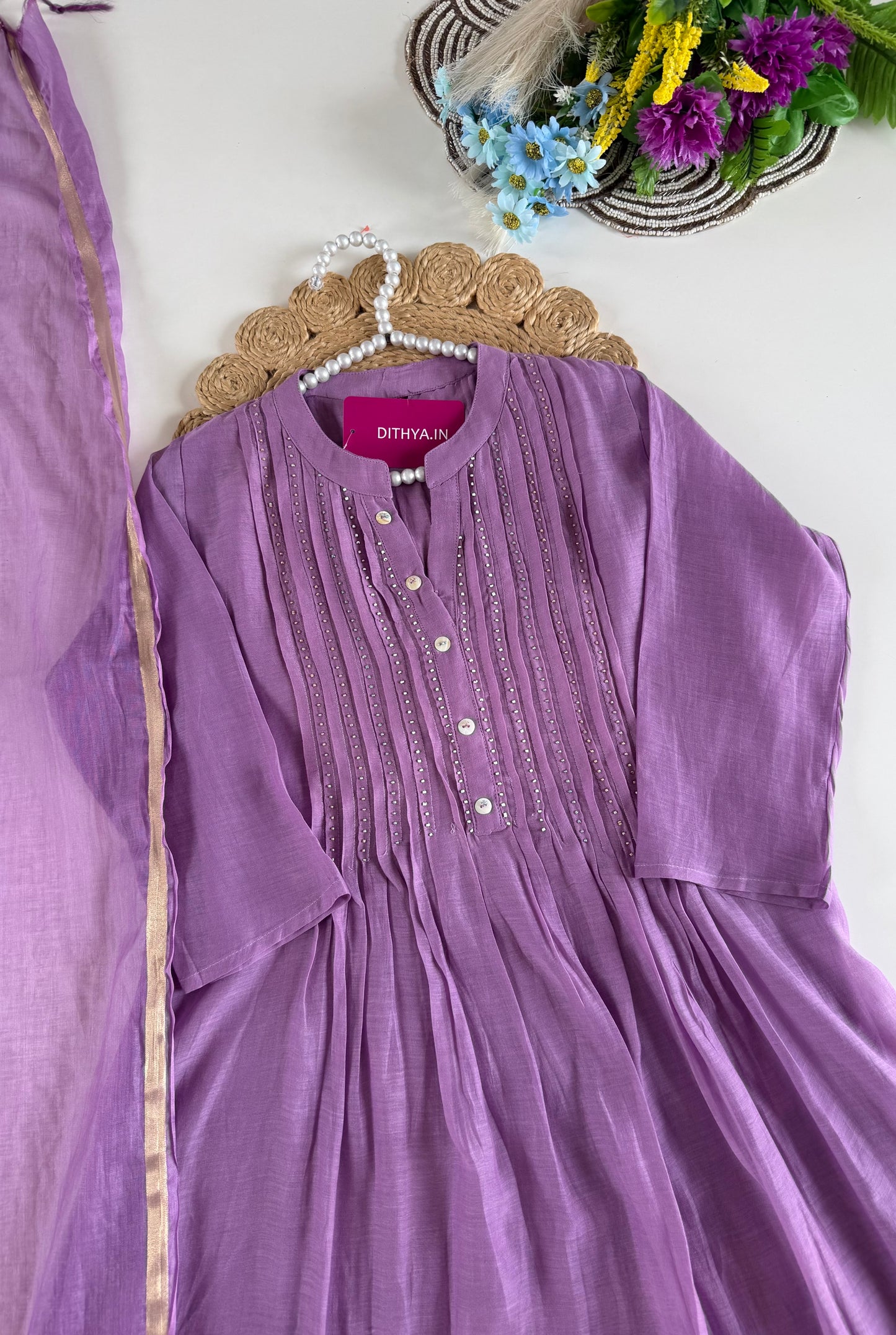 K616 - Mul chanderi appliqué work aline Kurti with pants and dupatta