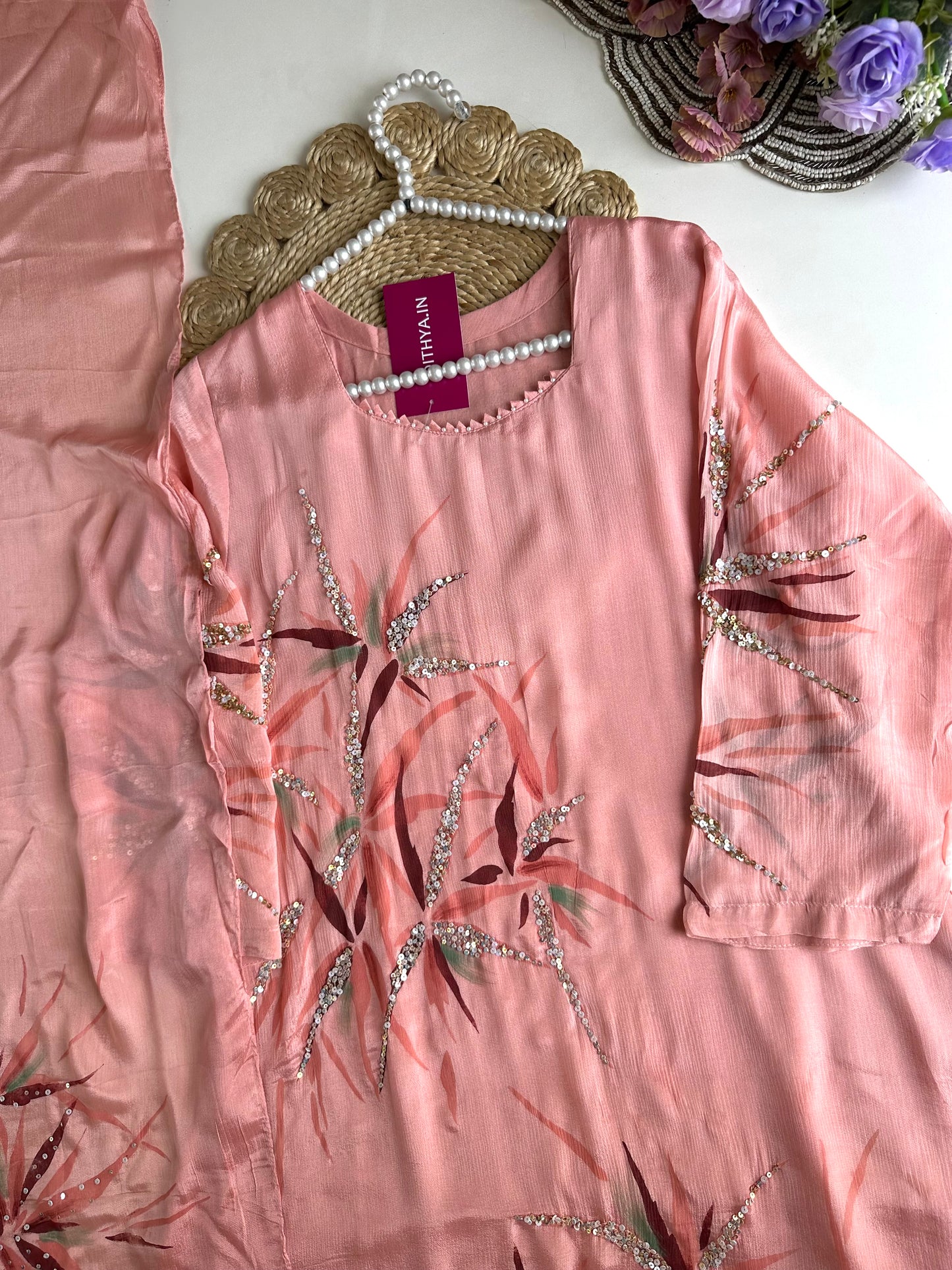 K051 - Pure Chinnon handwork Aline Kurti with pants and dupatta