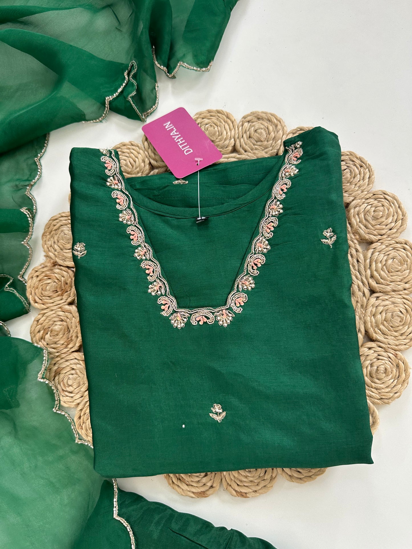 K010 - Dola silk handwork straight Kurti with pants and dupatta in 2 colours