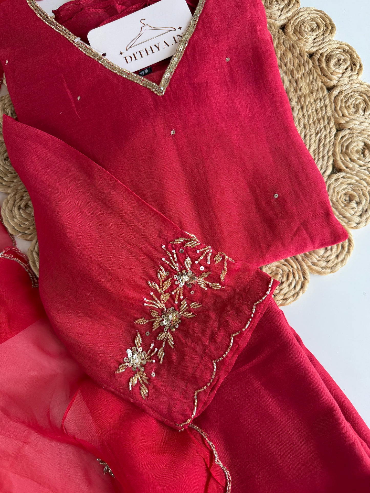 K529 - Mul chanderi handwork Aline Kurti with pants and dupatta in 2 colours