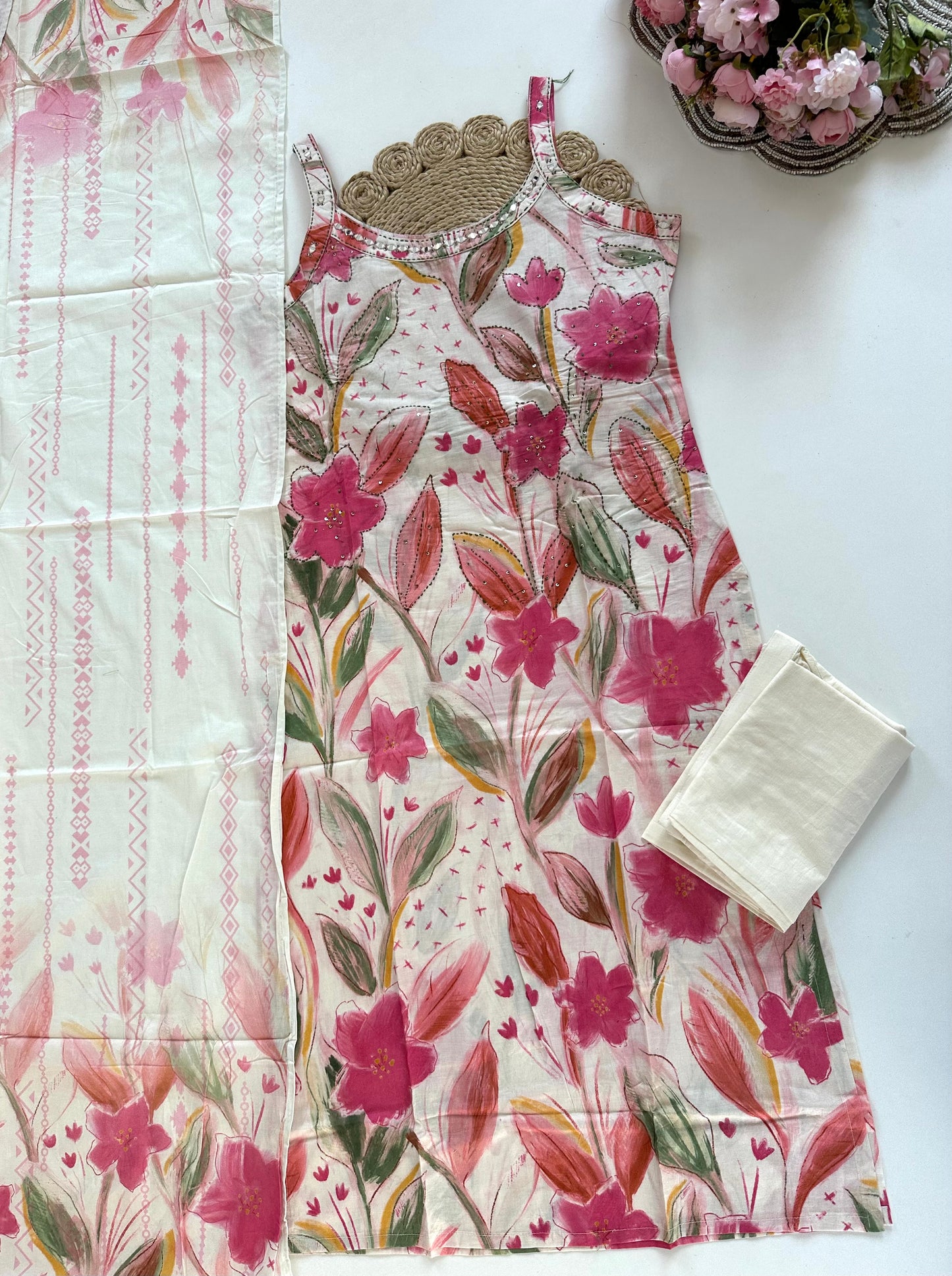 K250 - Cotton Strap handwork straight Kurti with pants and dupatta in 3 colours