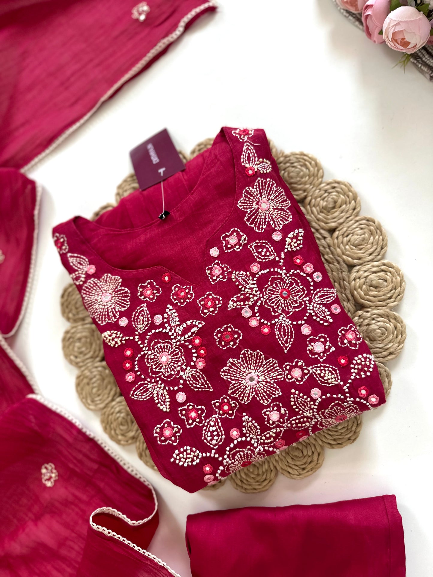 K223 - Mul Chanderi Embroidered Aline Kurti with pants and dupatta