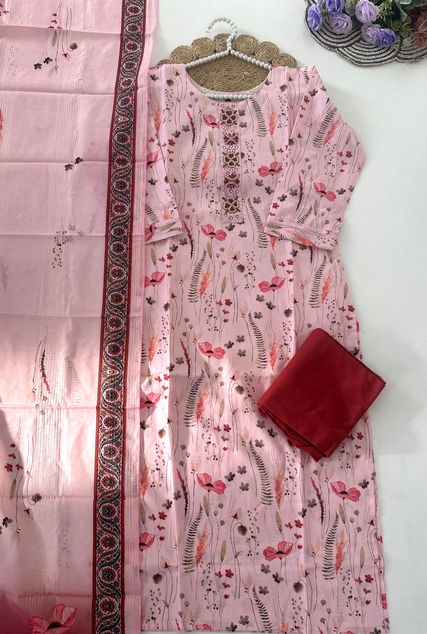 D038 -Roman silk straight kurti with pants and dupatta