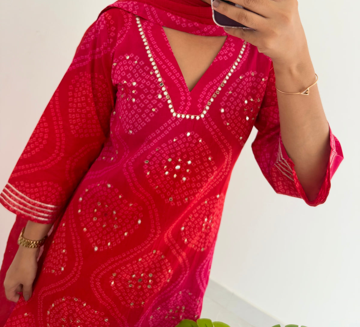 K090 - Mul cotton bandhini mirror work short Kurti with palazzo pants and dupatta