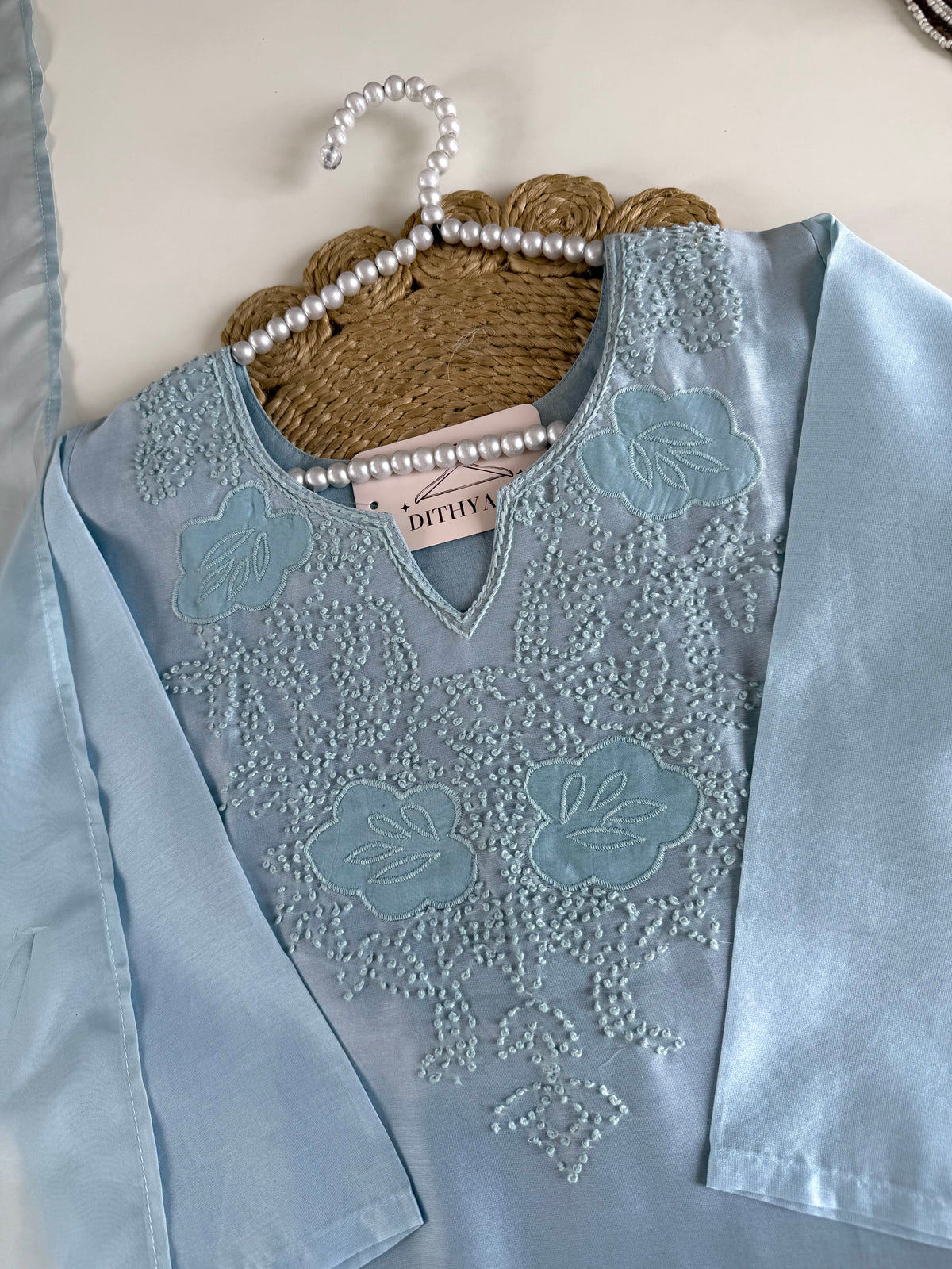 K628 - Chanderi silk knot appliqué work straight Kurti with pants and dupatta