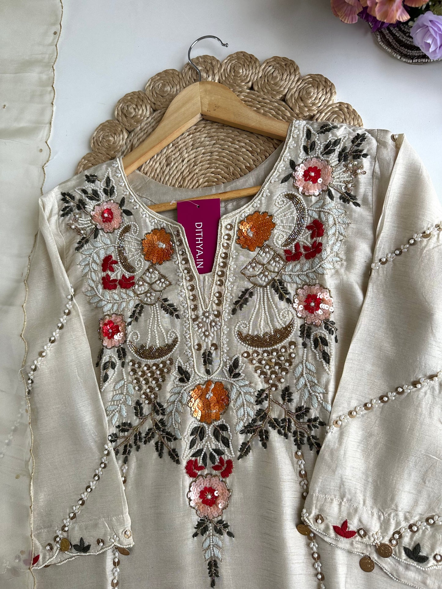 K332 - Russian silk handwork straight Kurti with pants and dupatta