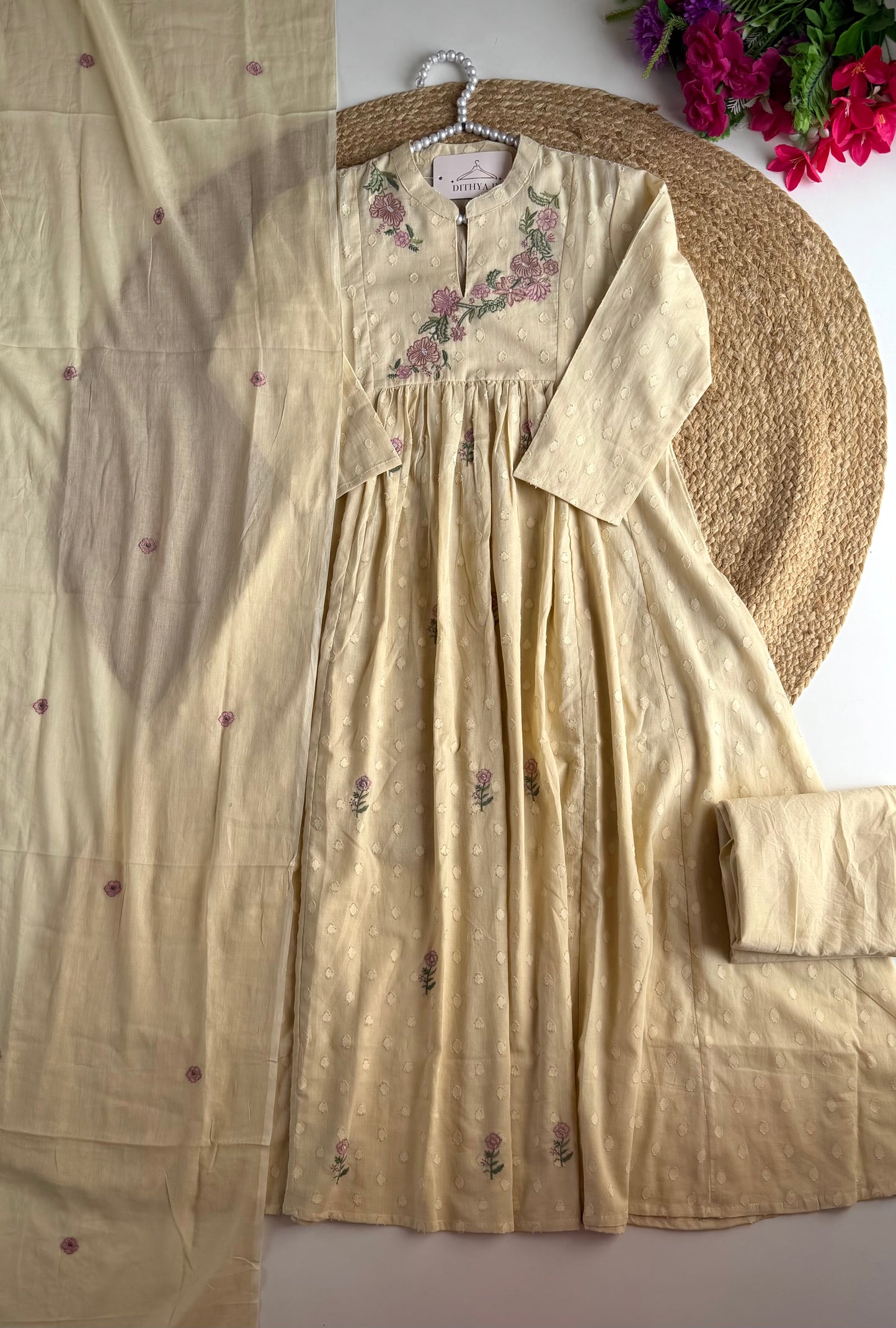 K296 - Mul cotton floral embroidered Anarkali with pants and dupatta