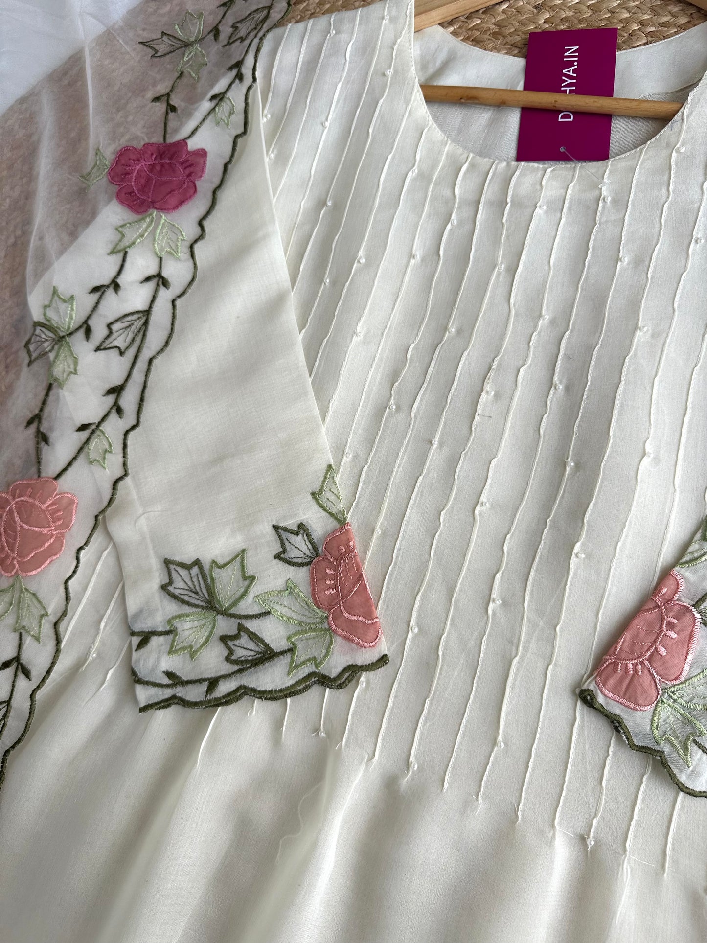 K291 - Mul Chanderi appliqué work Aline Kurti with pants and dupatta