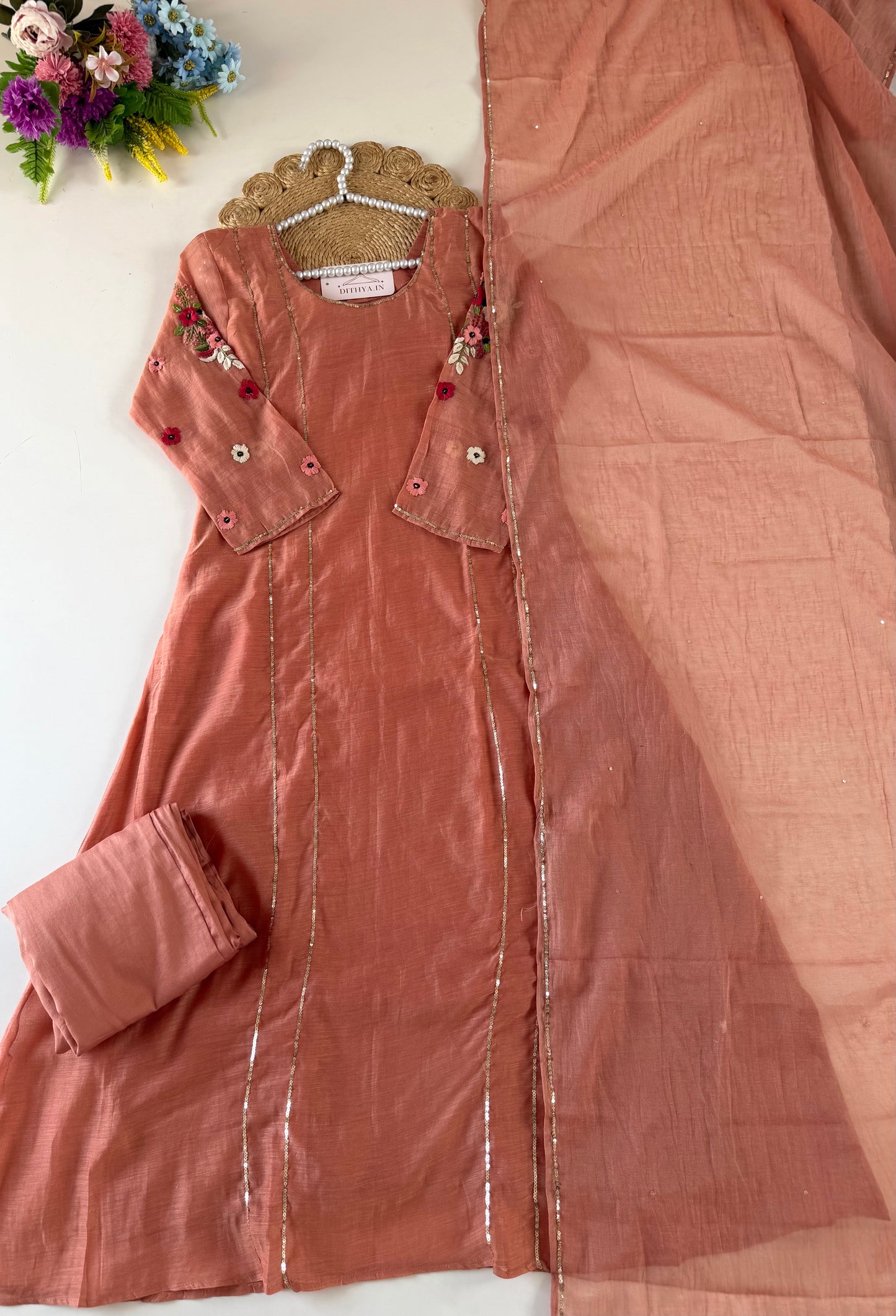 K089 - Mul chanderi handwork aline Kurti with pants and dupatta