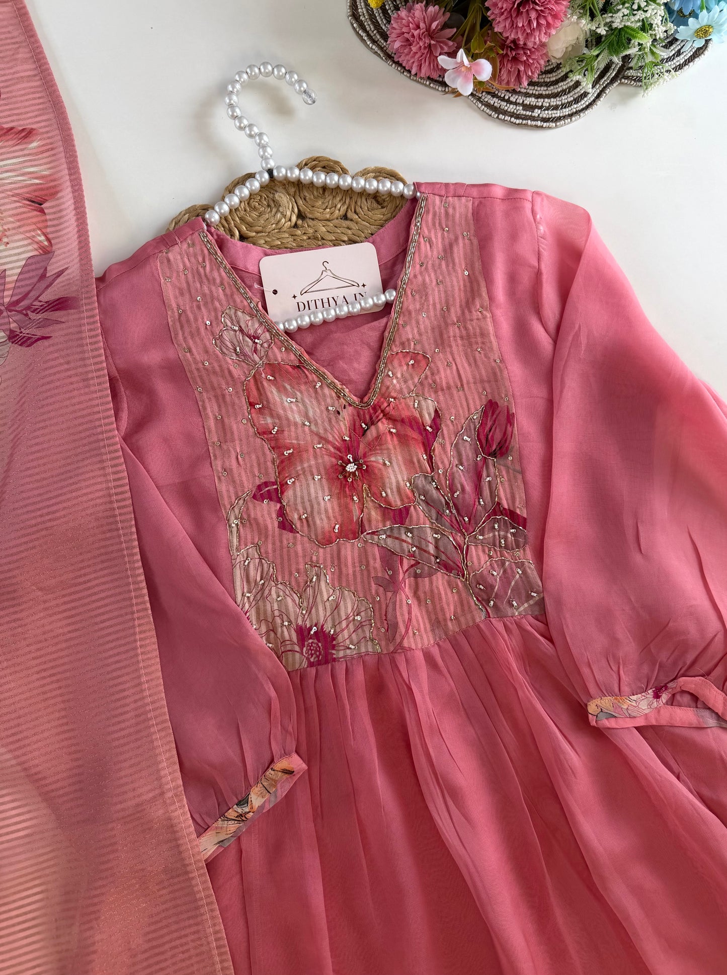 K614 - Viscose organza Floral Anarkali with pants and dupatta