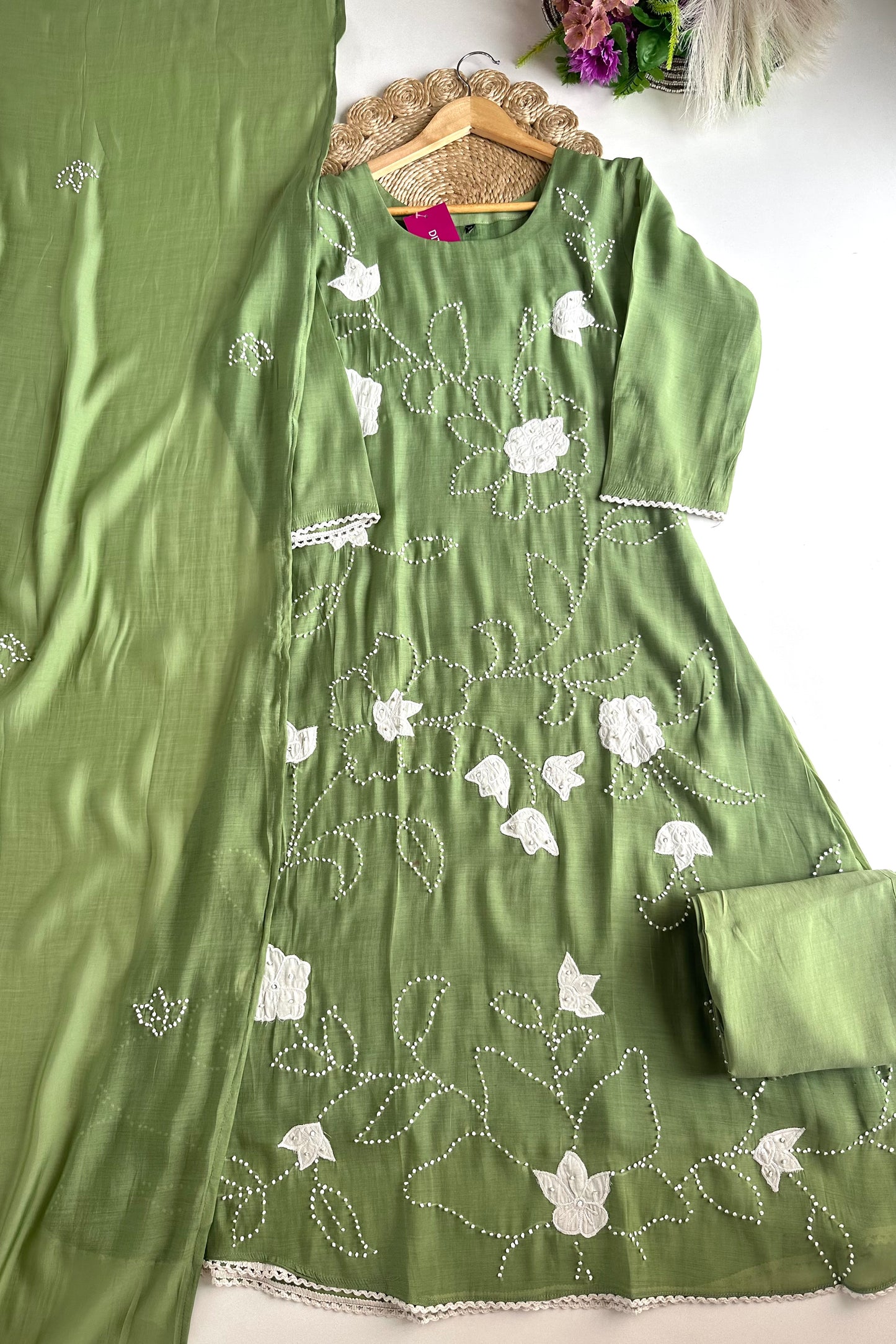K214 - Mul Chanderi appliqué knot work Aline Kurti with pants and dupatta