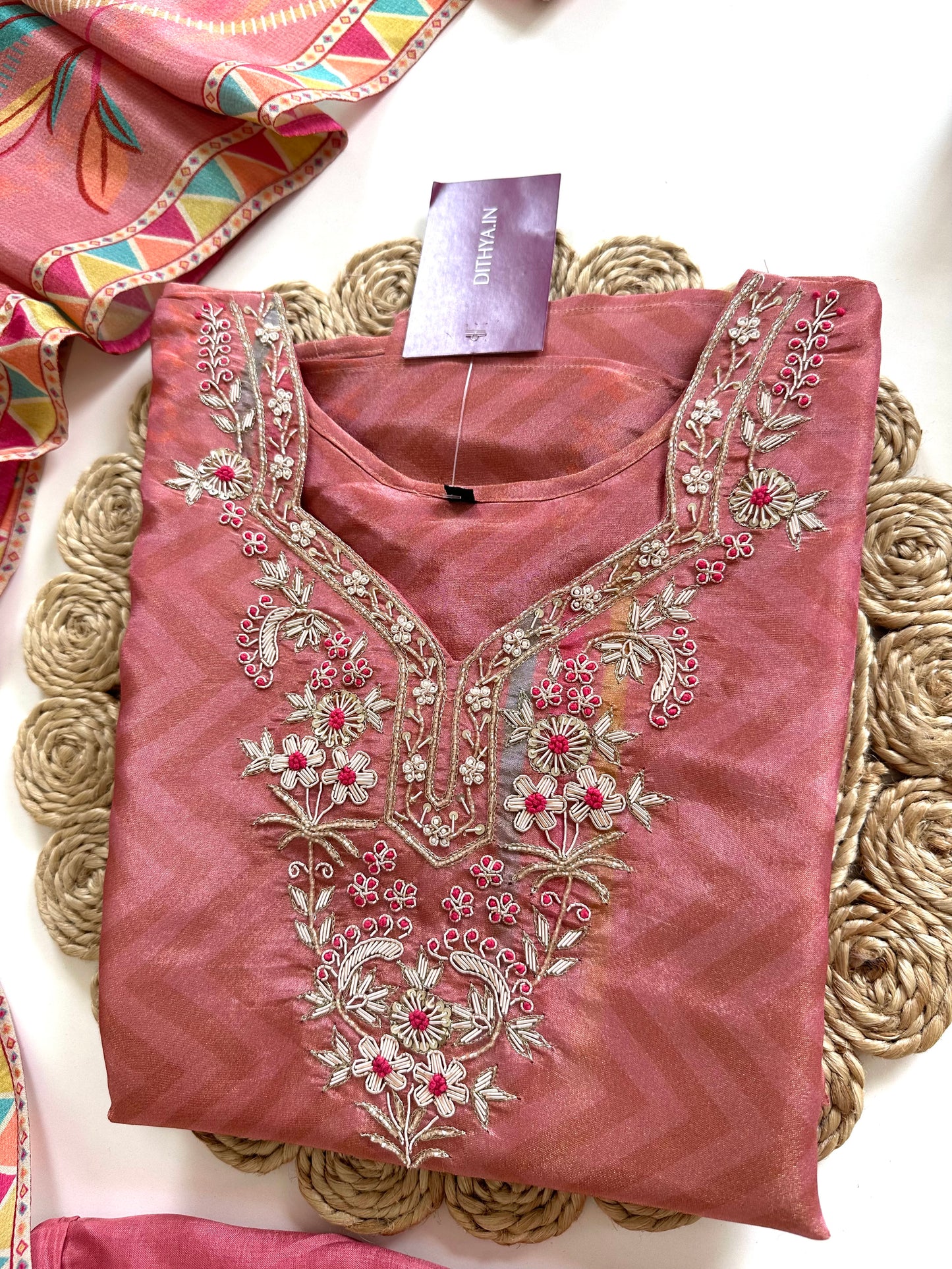 K125 - Handwork Tissue silk printed straight Kurti with pants and dupatta