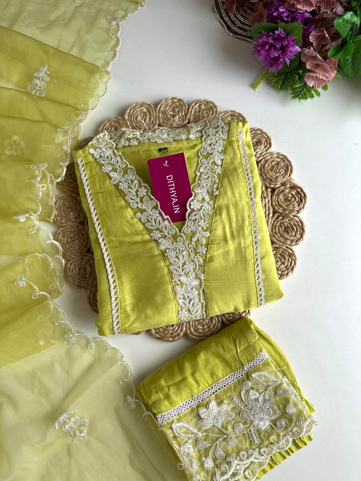K355 - Russian silk embroidered Aline Kurti with pants and dupatta