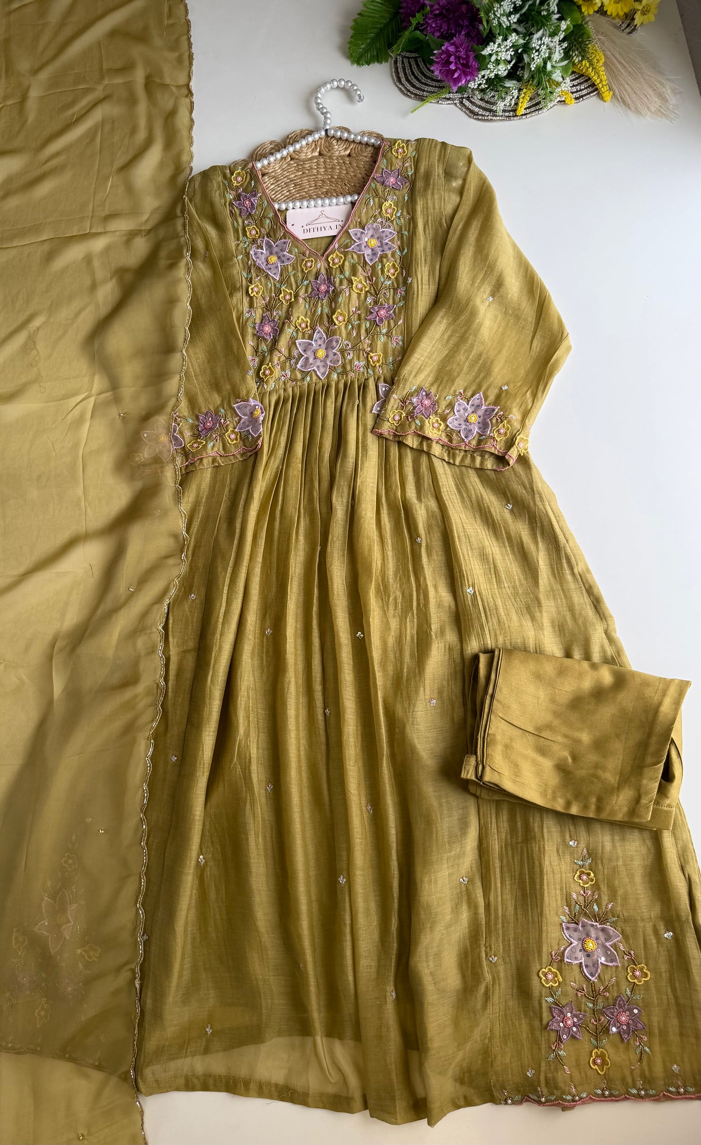 K298 - Mul chanderi 3D handwork Aline Kurti with pants and dupatta