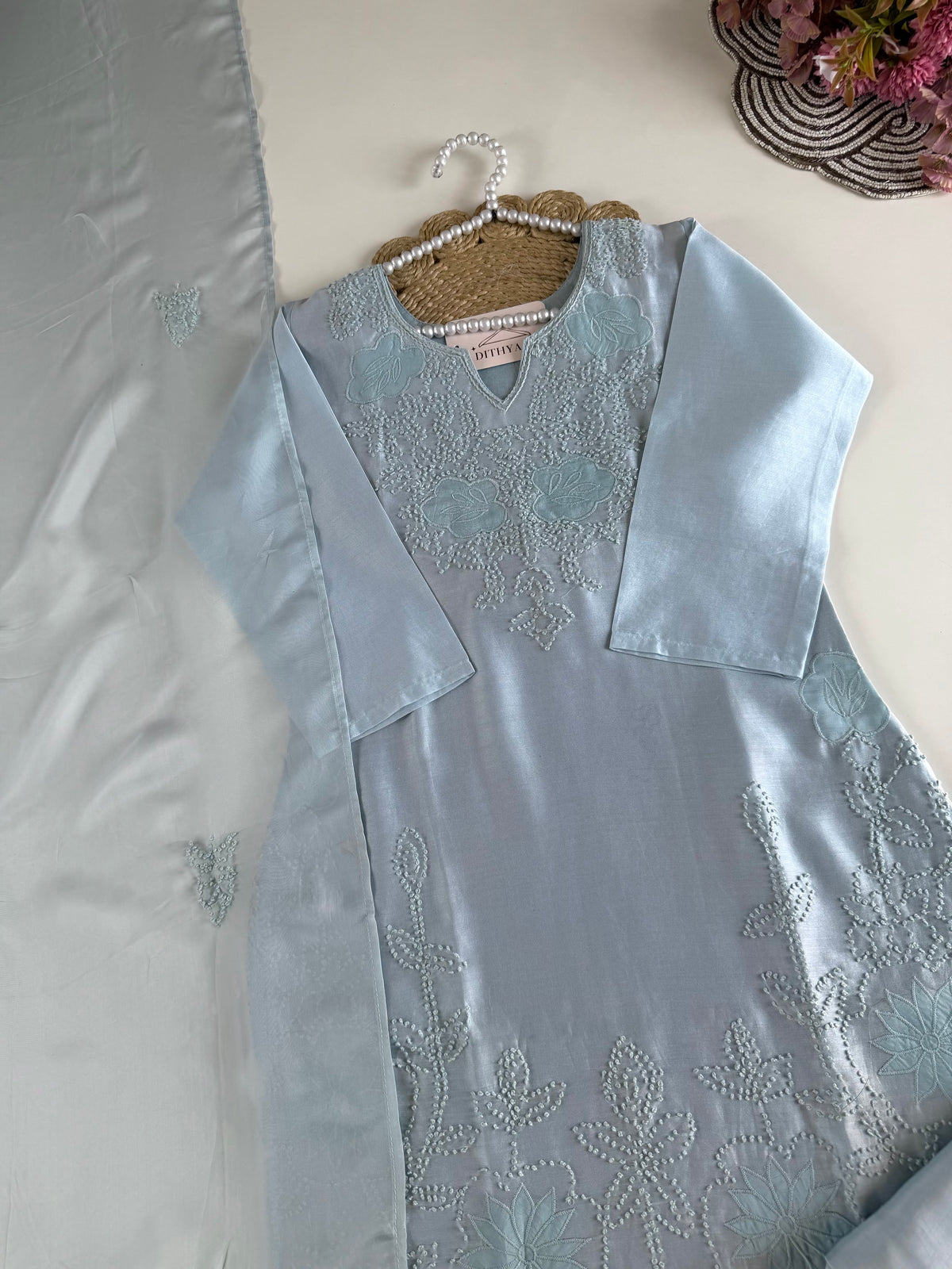 K628 - Chanderi silk knot appliqué work straight Kurti with pants and dupatta